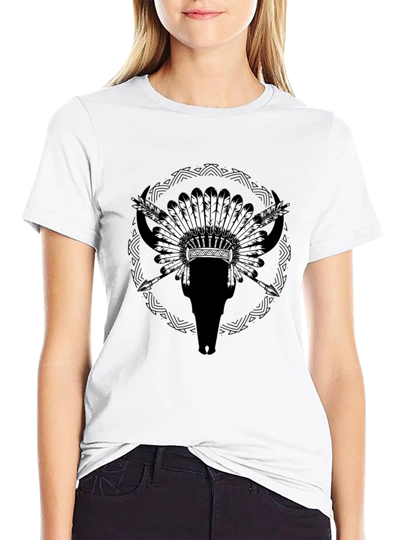 Native Headdress Bull Skull Black T-Shirt