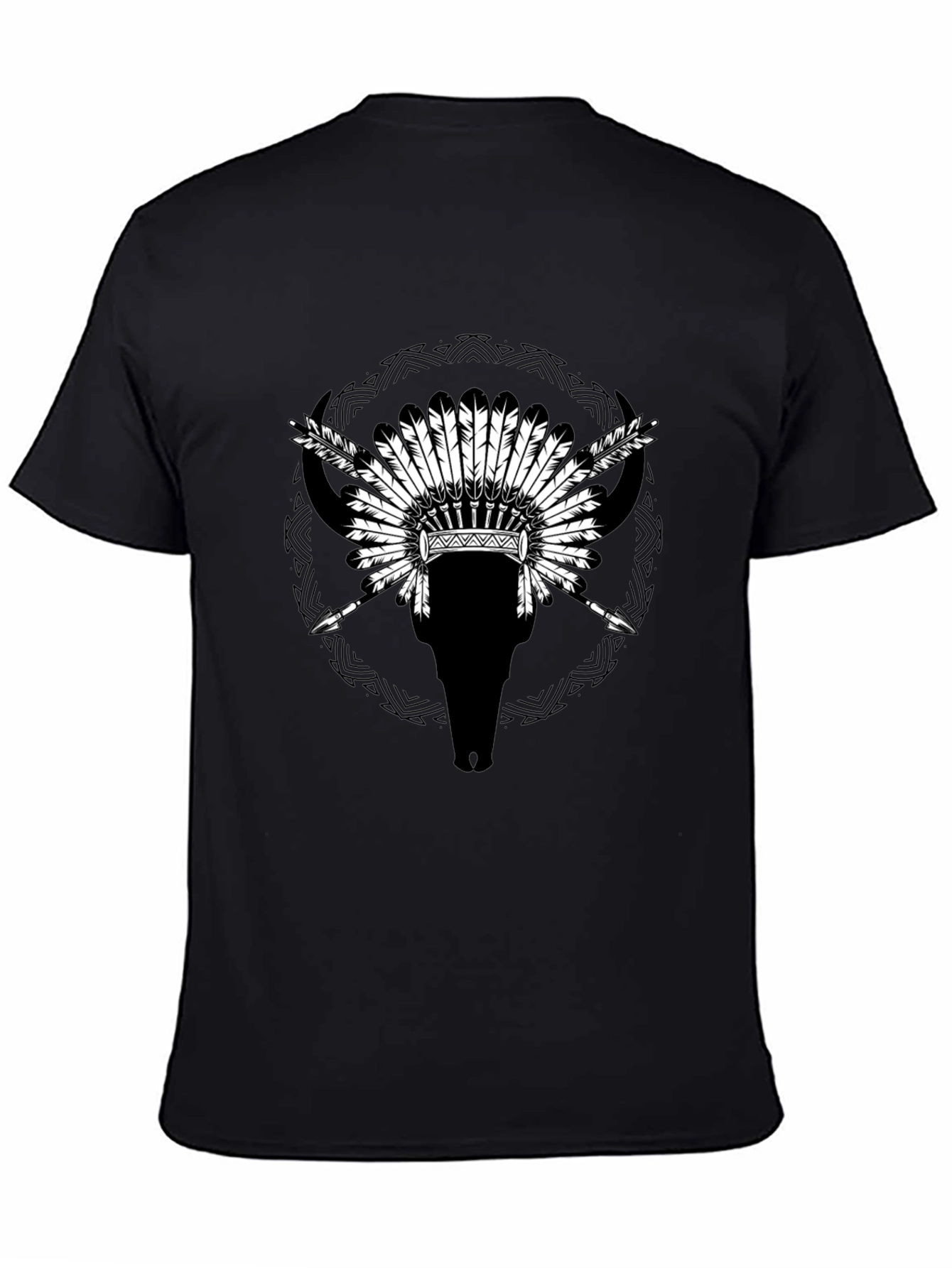 Native Headdress Bull Skull Black T-Shirt