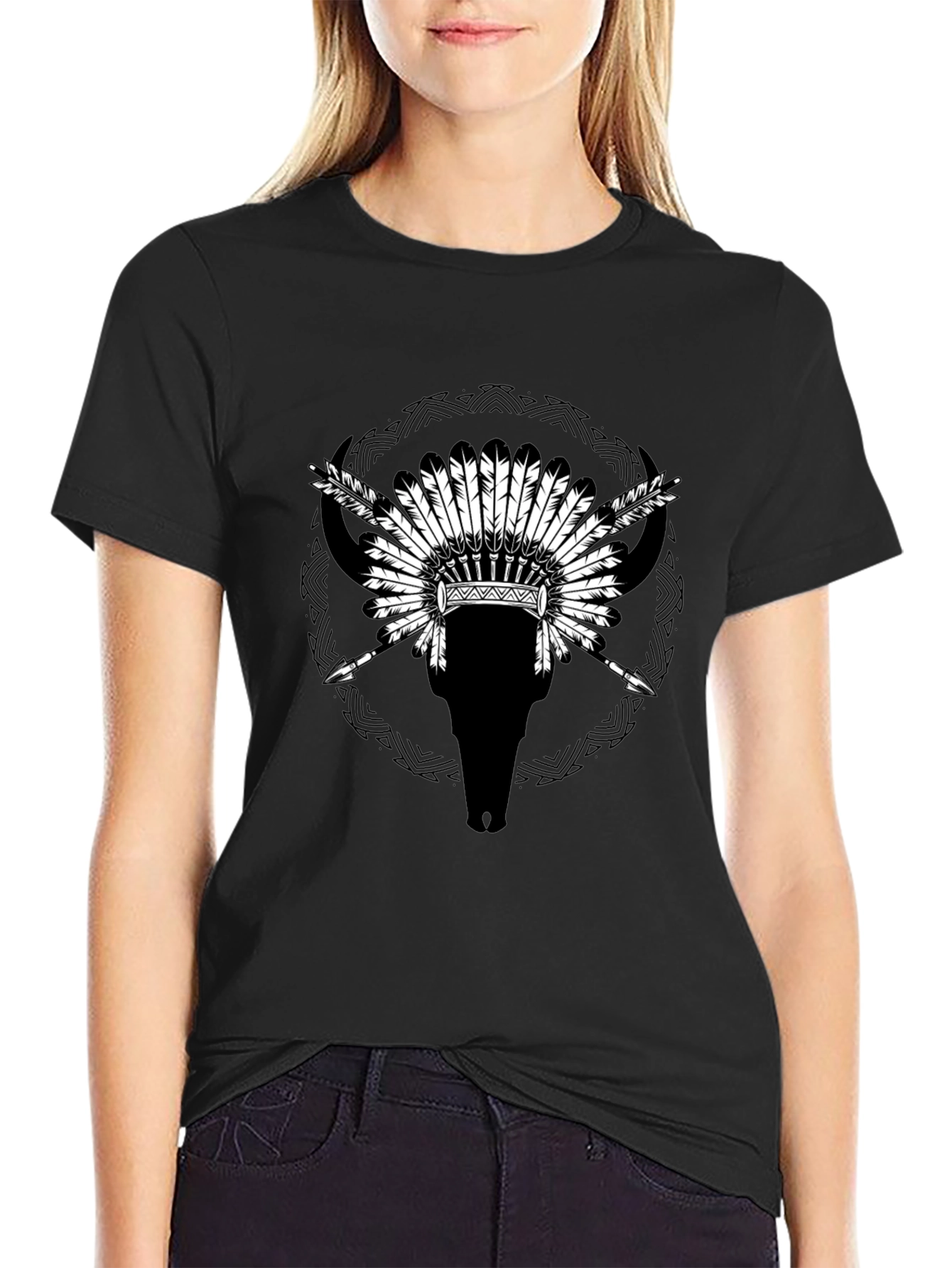 Native Headdress Bull Skull Black T-Shirt