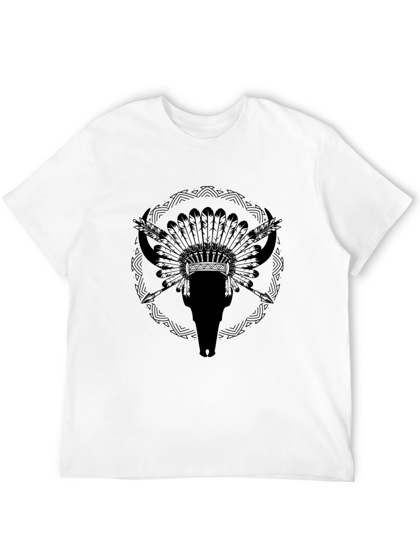 Native Headdress Bull Skull Black T-Shirt
