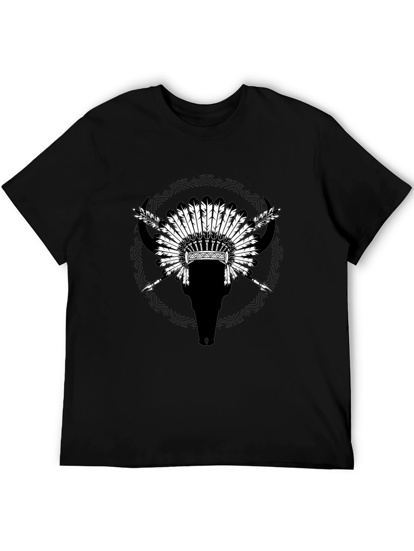 Native Headdress Bull Skull Black T-Shirt