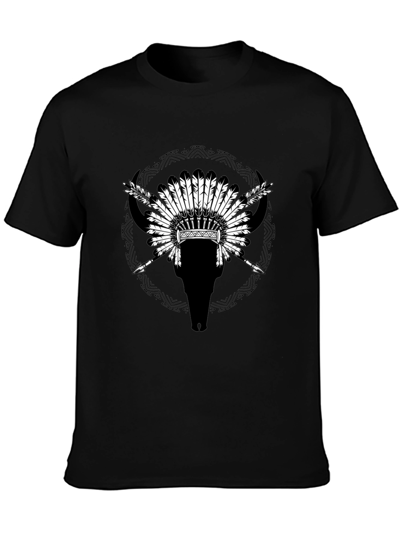 Native Headdress Bull Skull Black T-Shirt