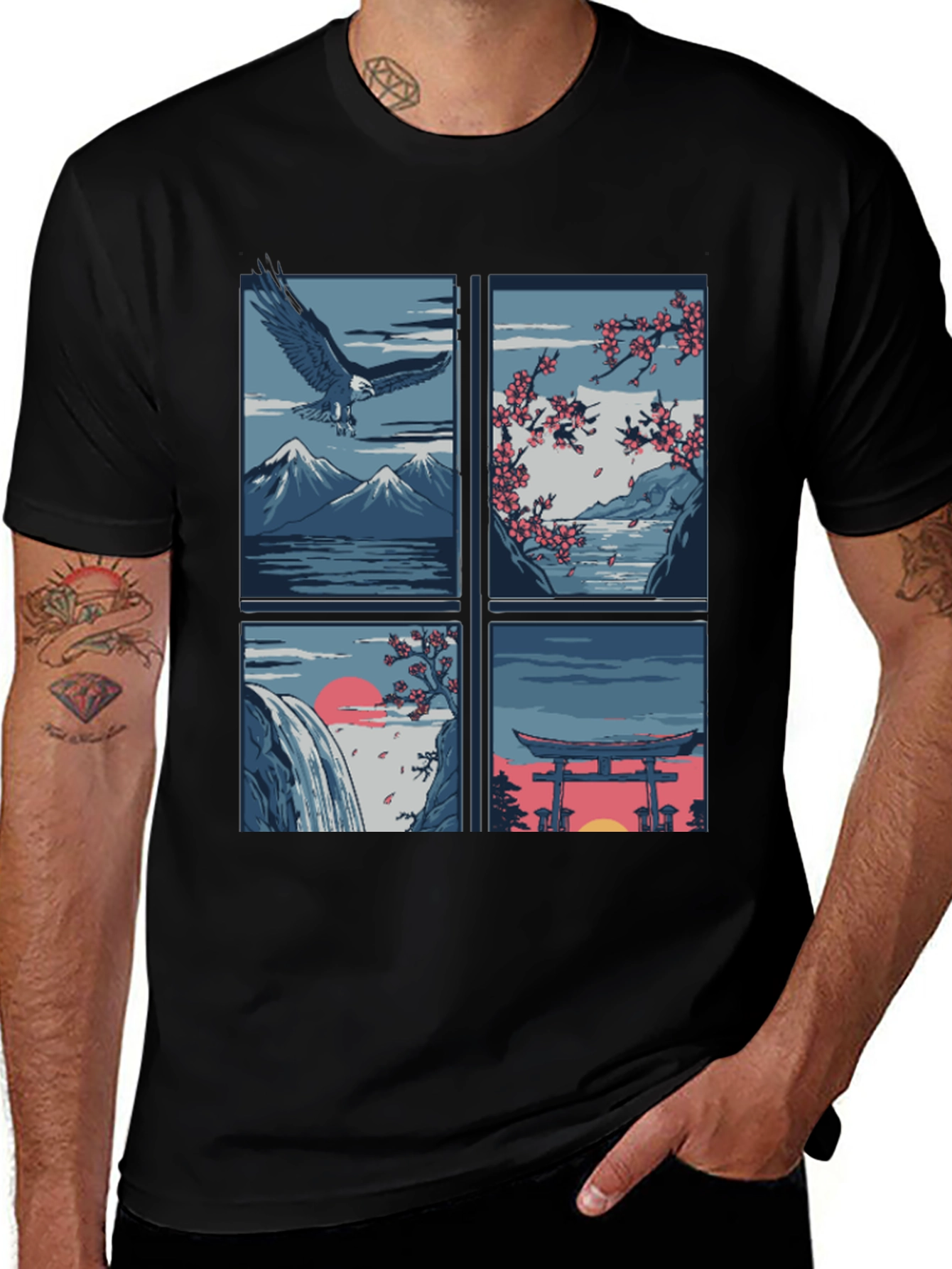 Japanese Theme T-Shirt - Nature and Eagle Design