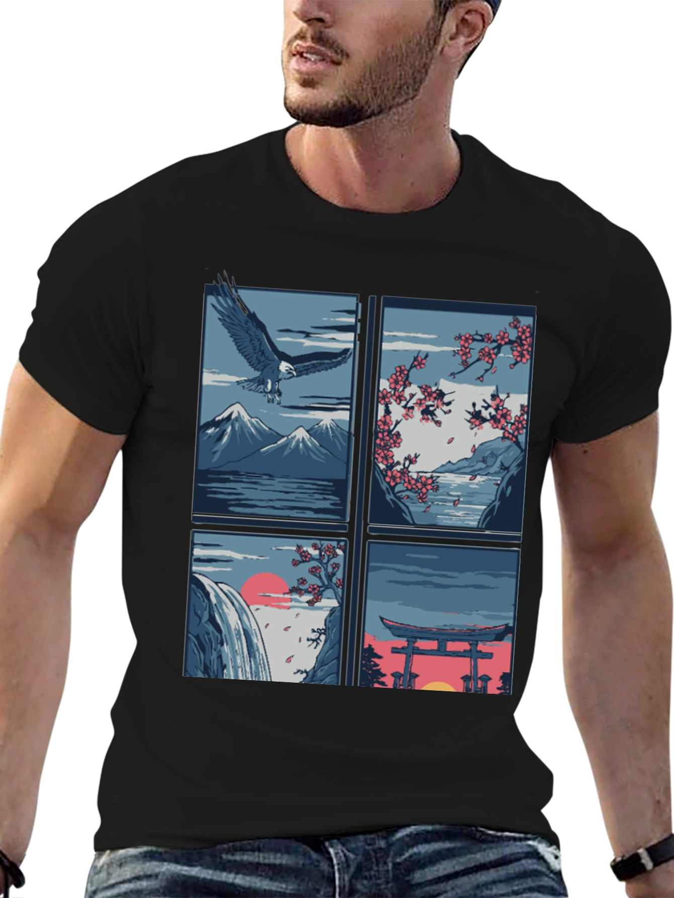 Japanese Theme T-Shirt - Nature and Eagle Design