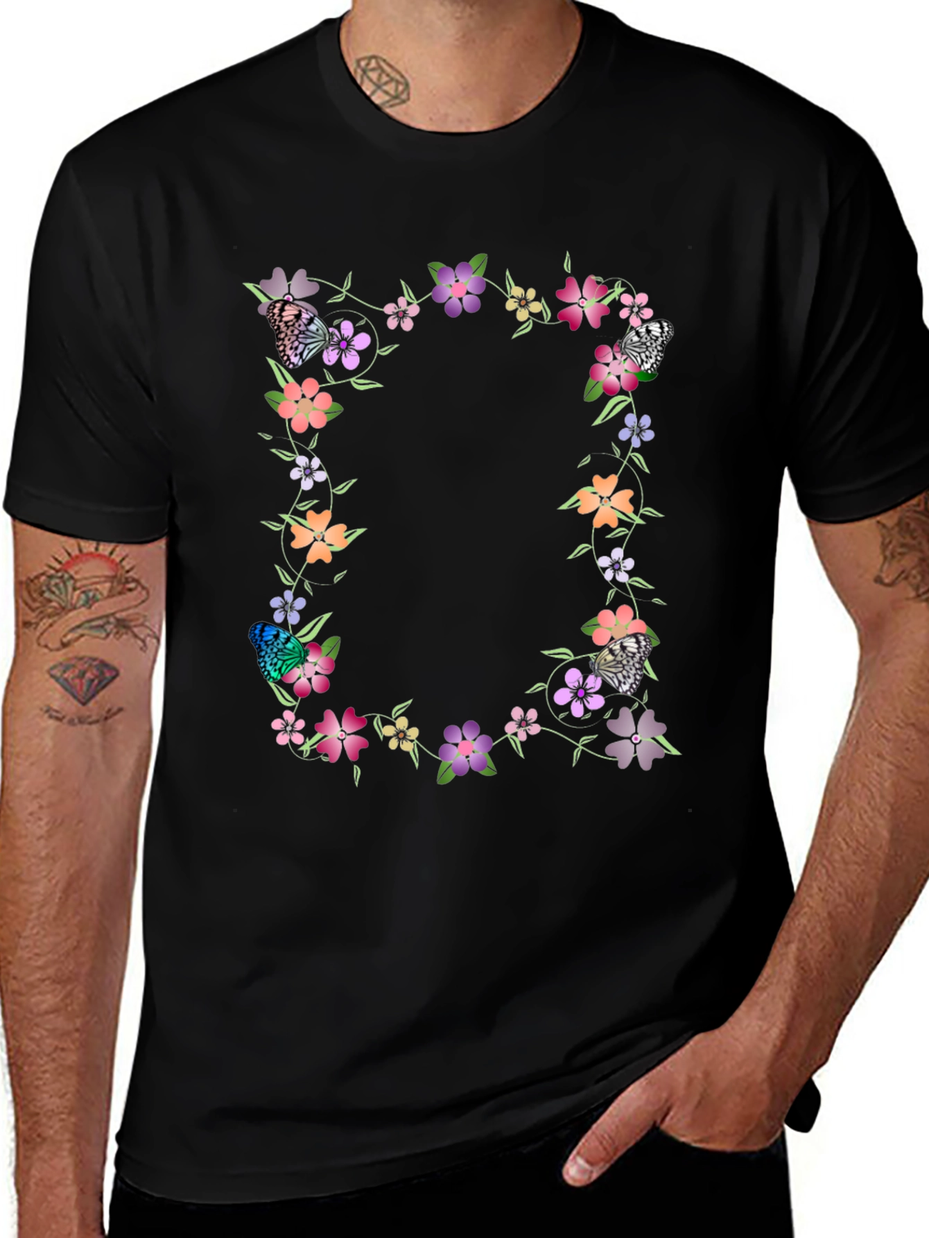 Floral Butterfly Black T-Shirt