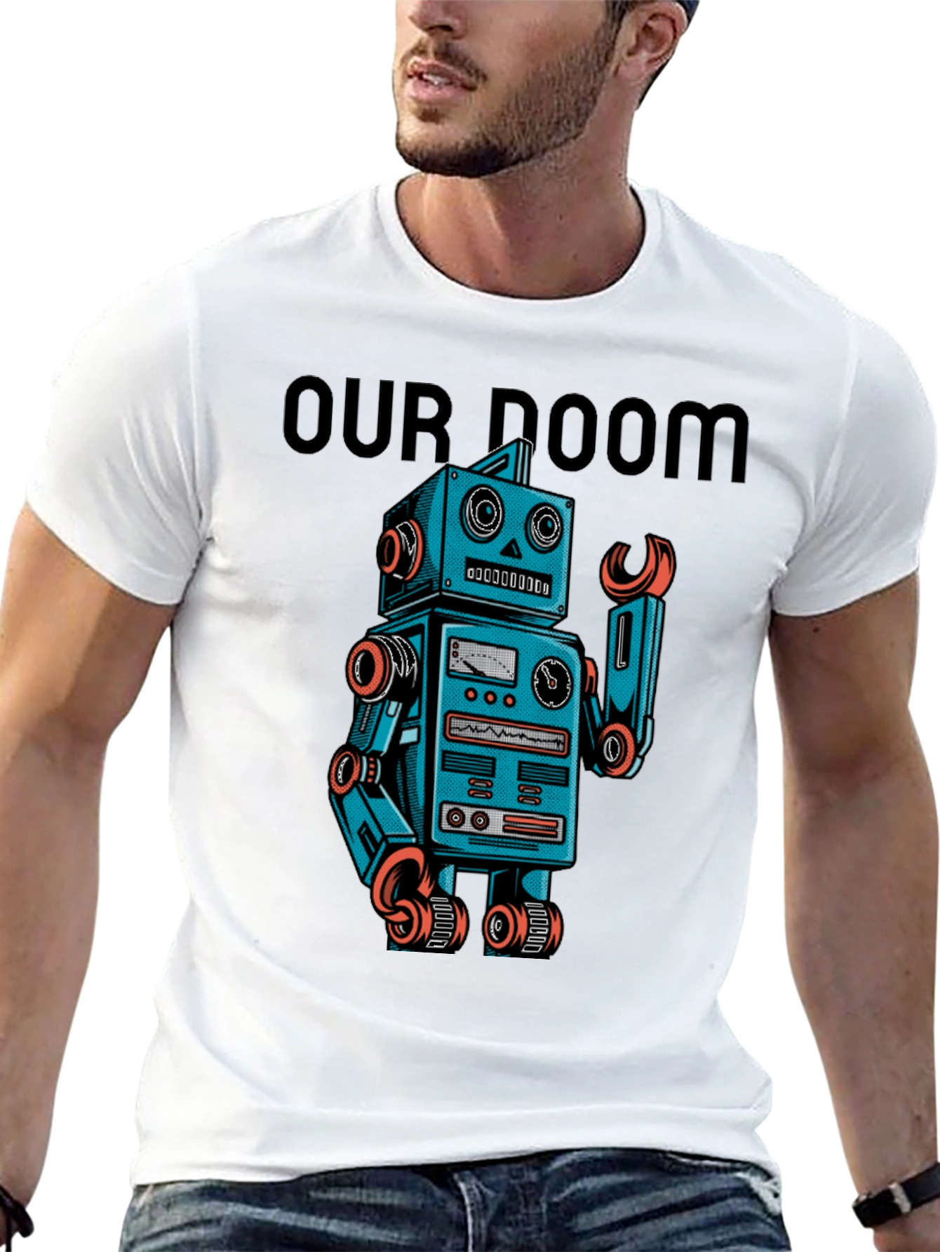 Retro Robot Graphic T-Shirt - Our Doom Funny Tee