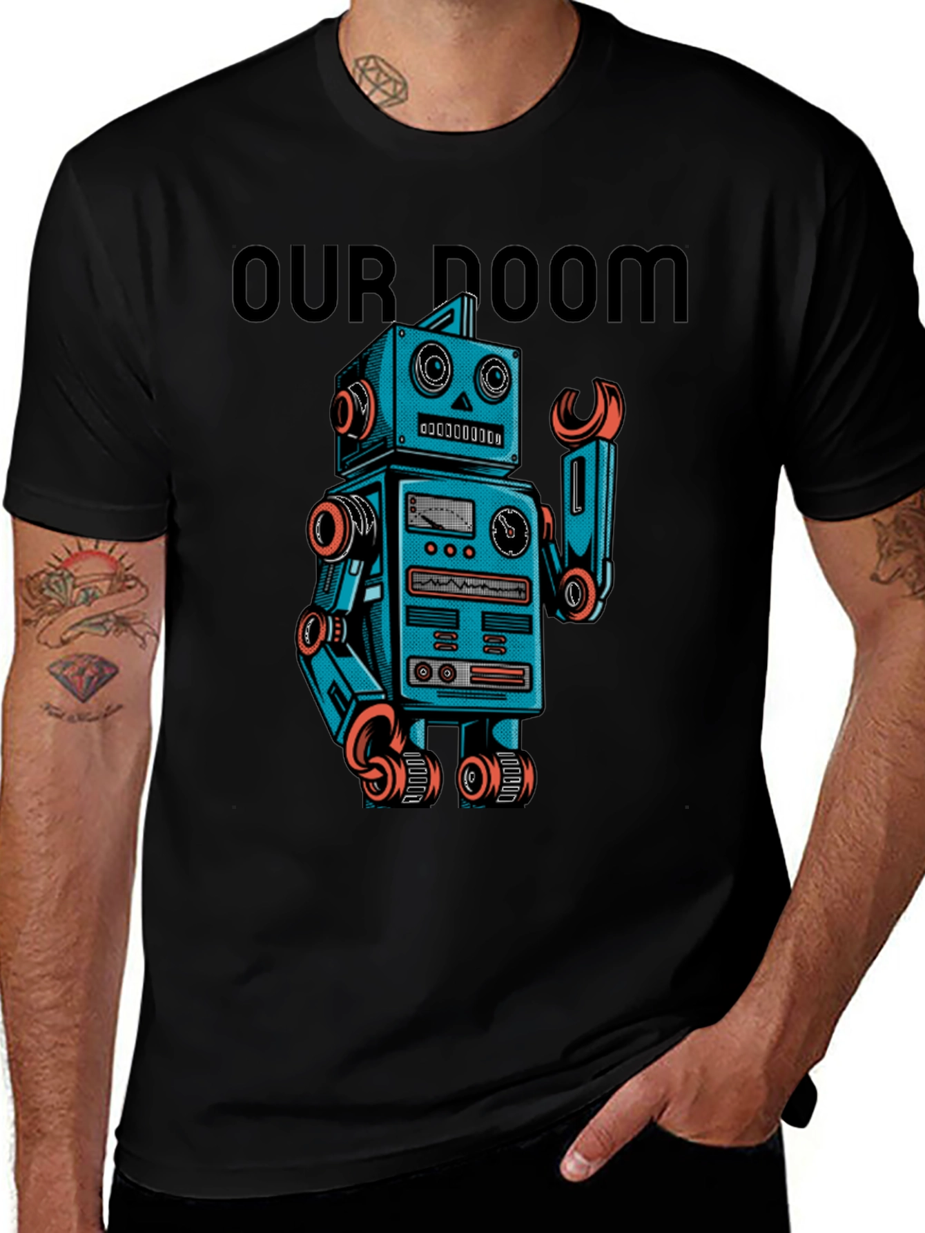 Retro Robot Graphic T-Shirt - Our Doom Funny Tee