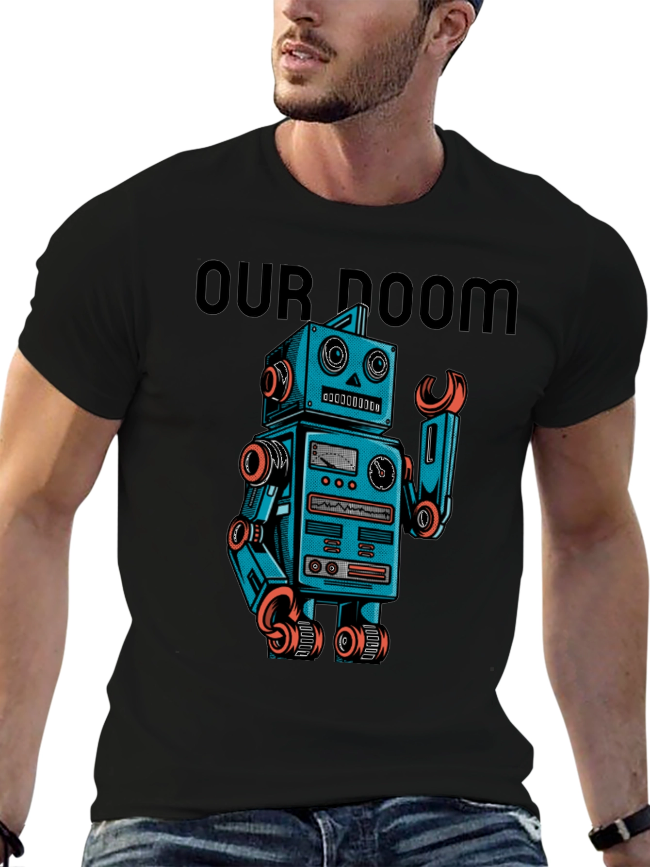 Retro Robot Graphic T-Shirt - Our Doom Funny Tee
