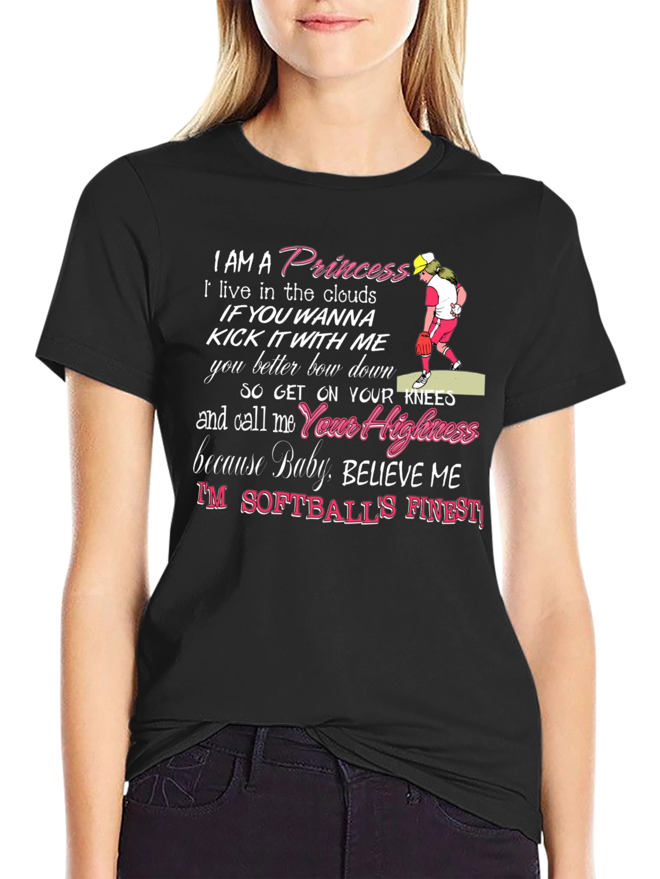 Princess Softball Player Graphic Tee - Black