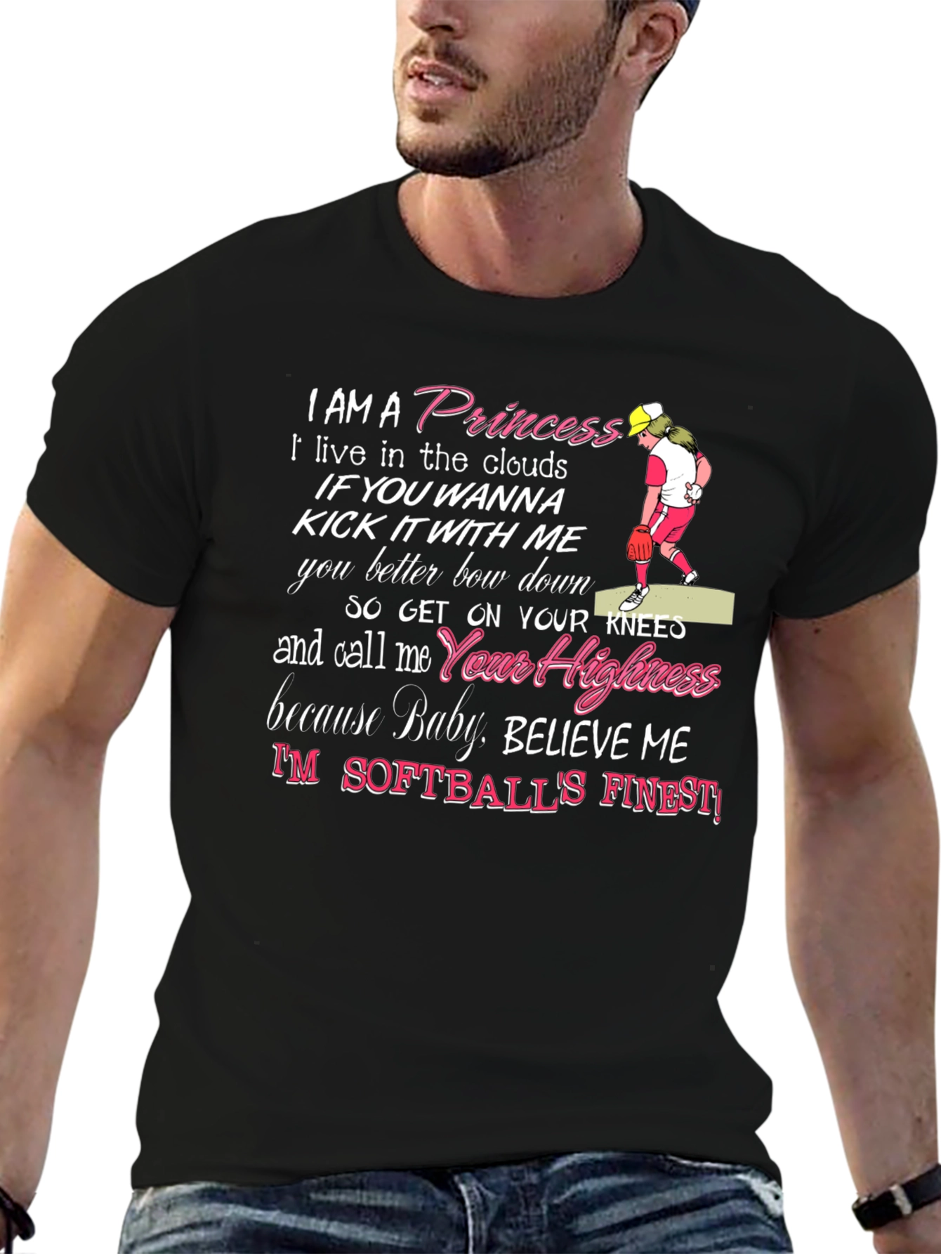 Princess Softball Player Graphic Tee - Black