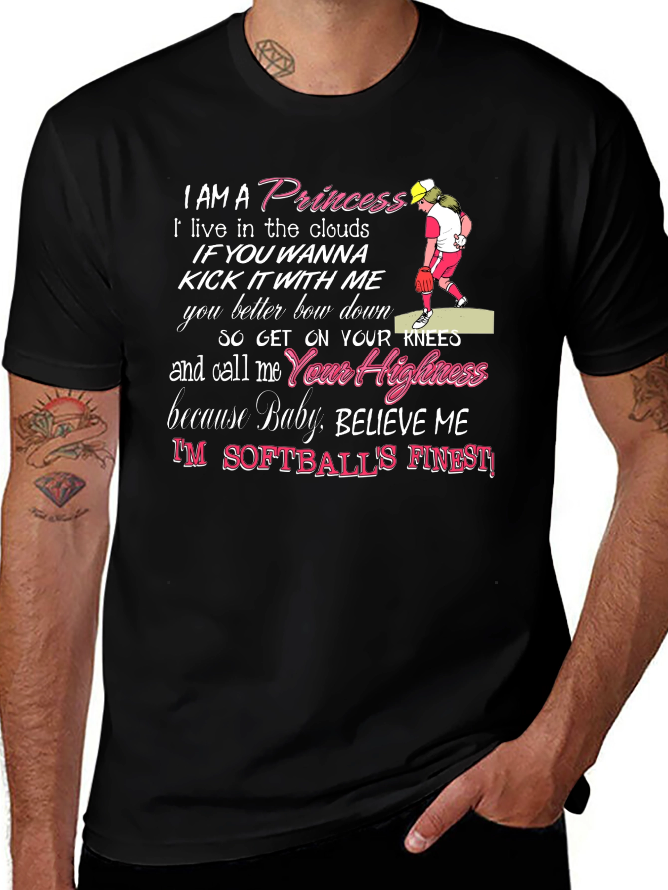 Princess Softball Player Graphic Tee - Black