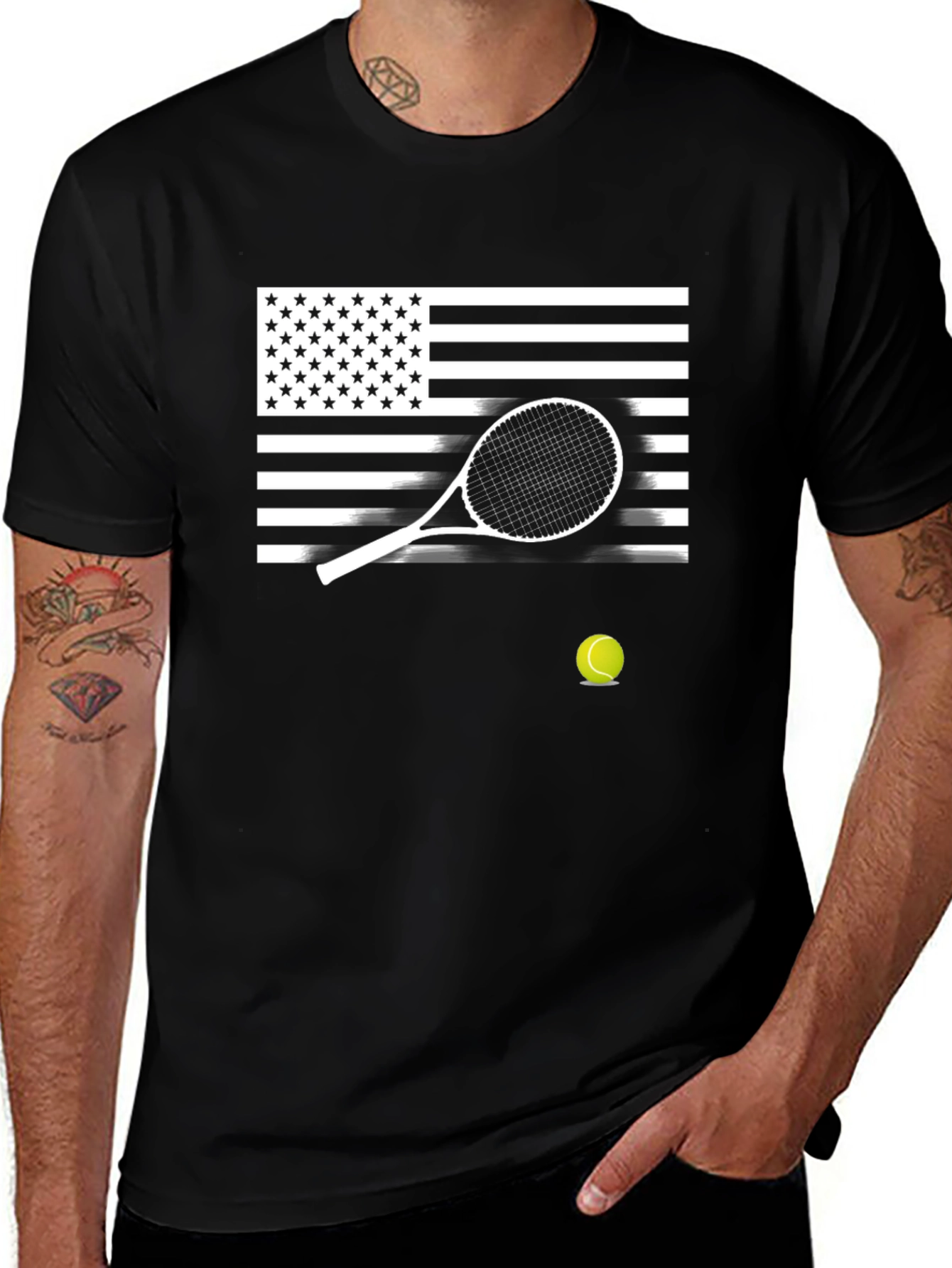 Patriotic Tennis T-Shirt - USA Flag & Racket Design