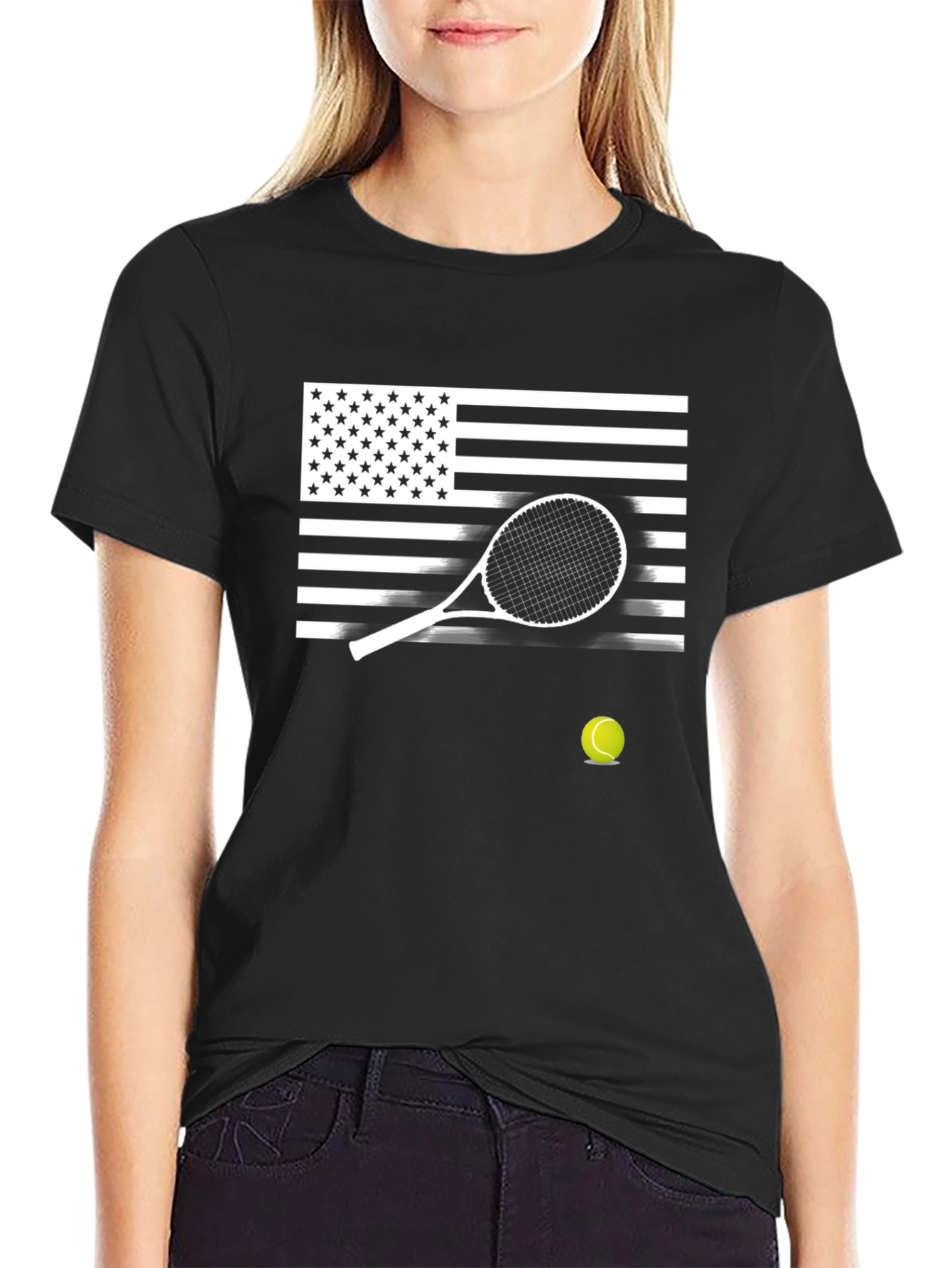 Patriotic Tennis T-Shirt - USA Flag & Racket Design