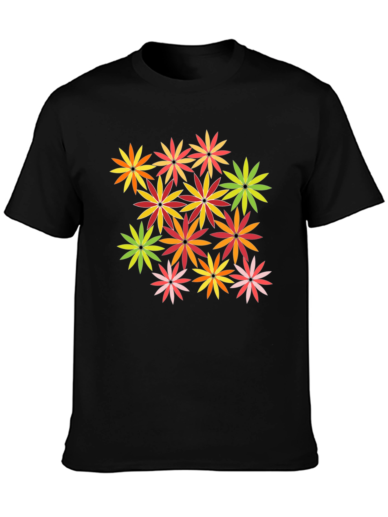 Floral Pattern Black T-Shirt - Vivid Blossom Design