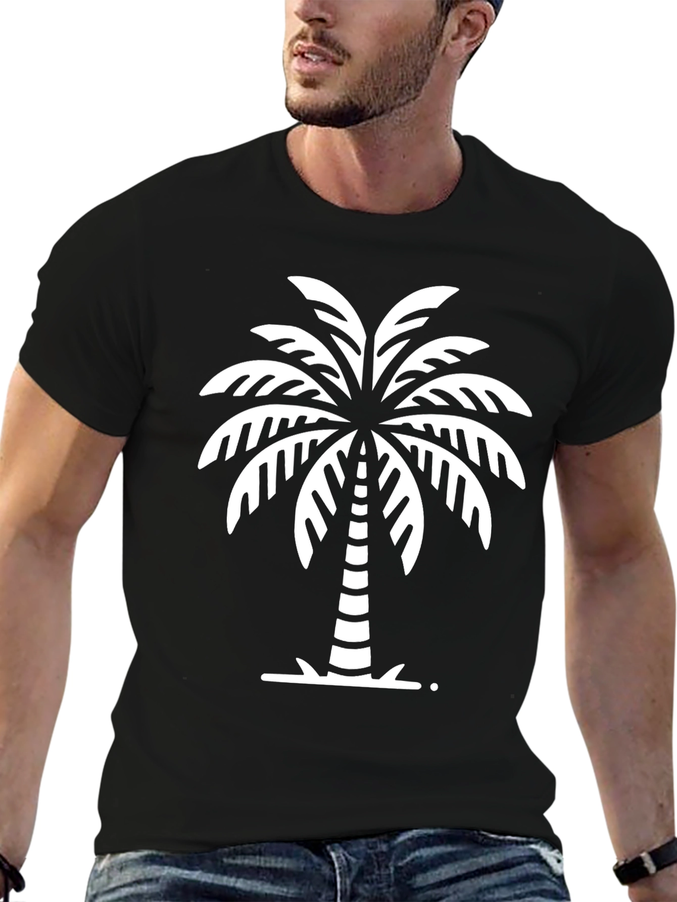 Tropical Palm Tree Graphic Tee - Black Cotton T-Shirt