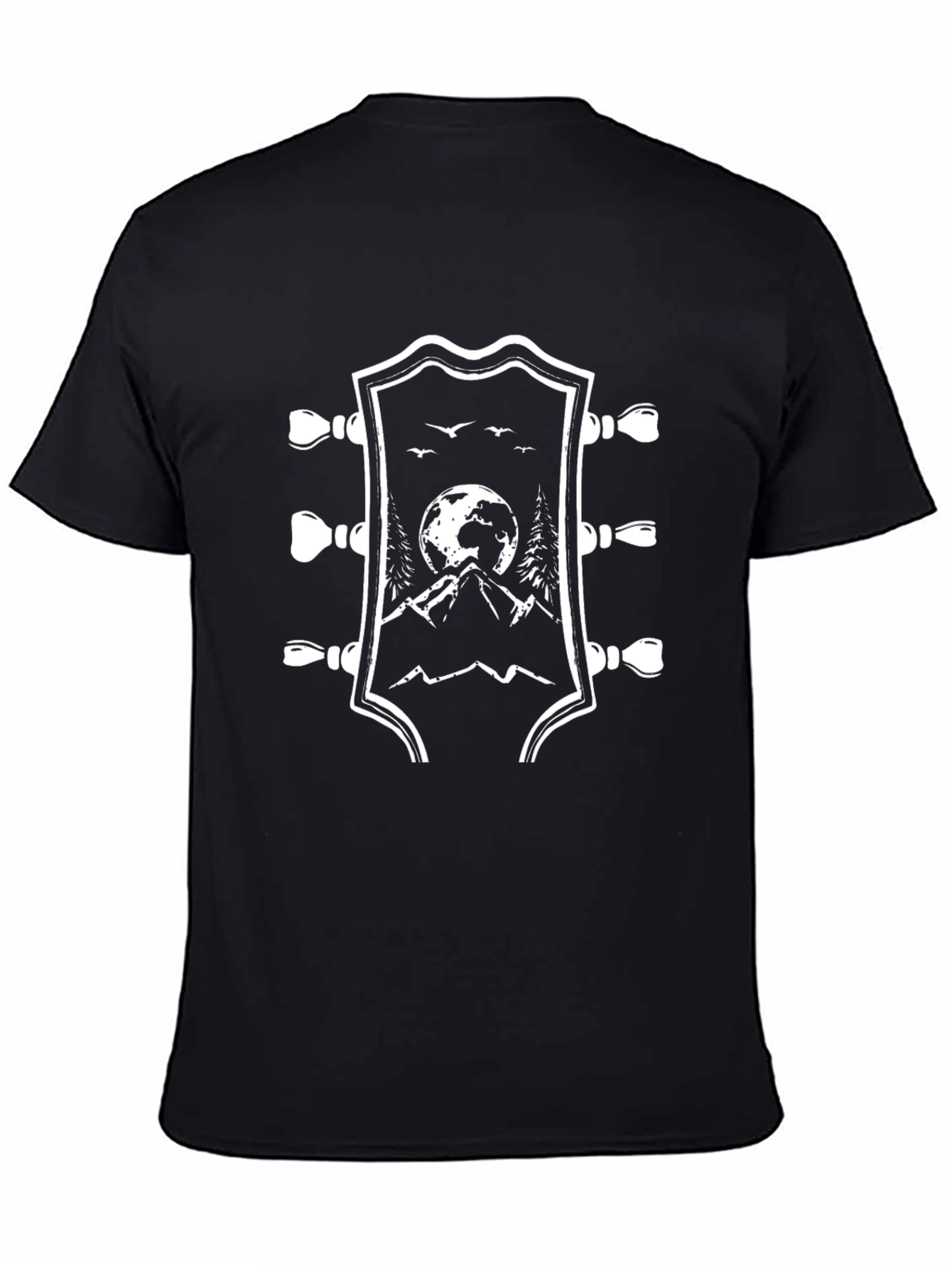 Guitar Headstock Mountain Scene Black T-Shirt