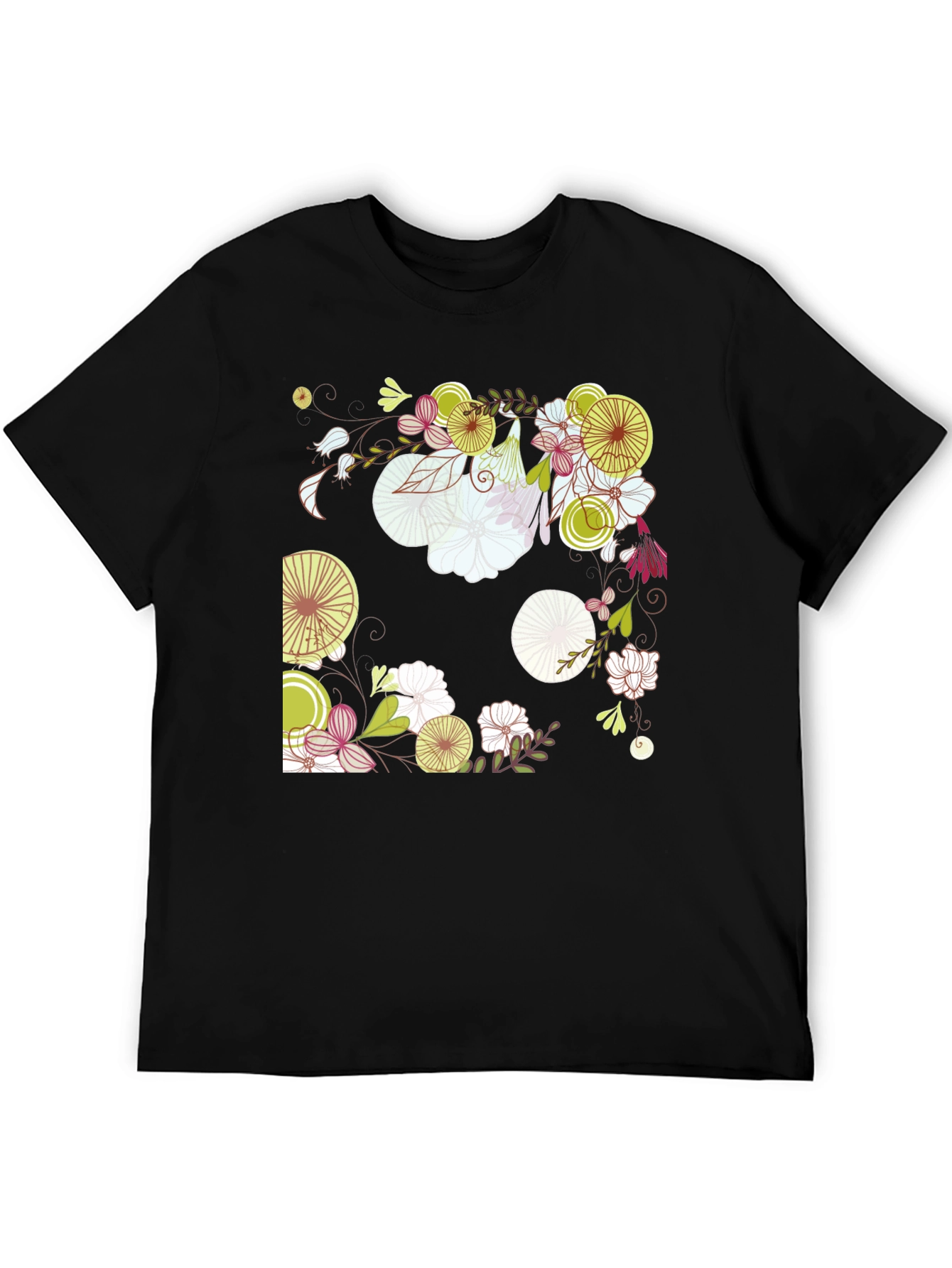 Floral Print Black Cotton T-Shirt