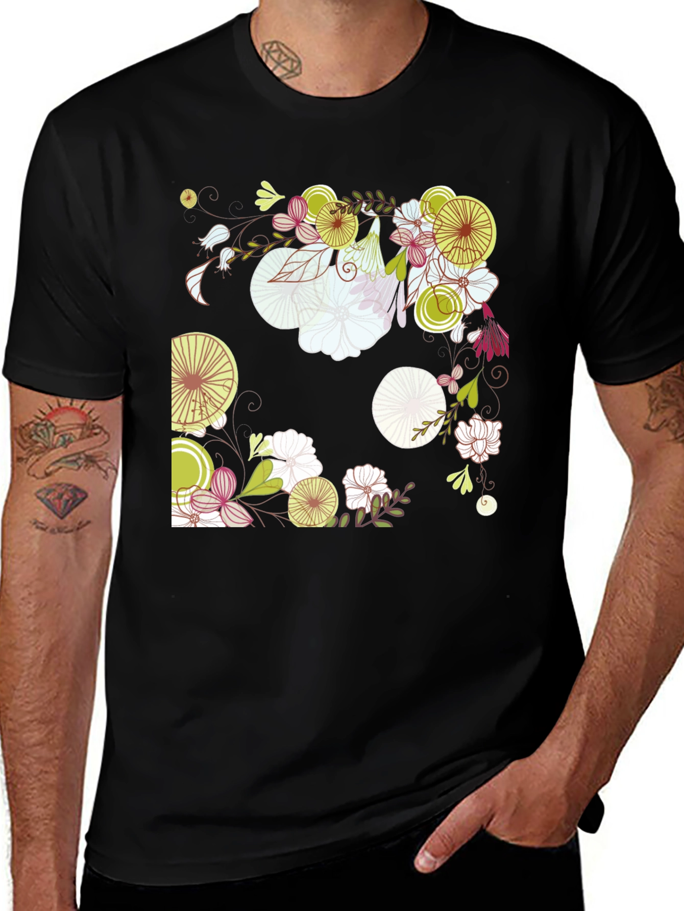 Floral Print Black Cotton T-Shirt