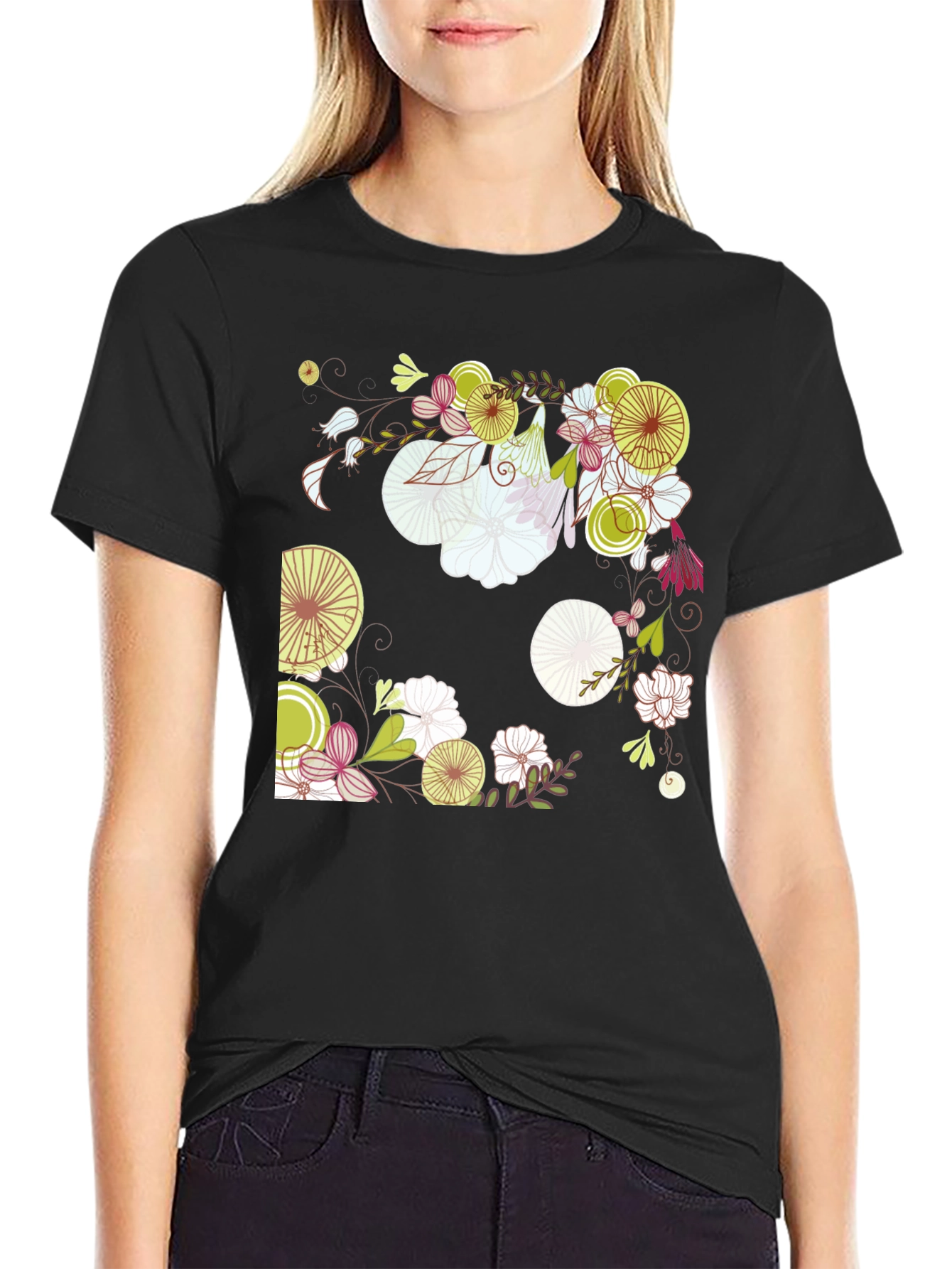 Floral Print Black Cotton T-Shirt