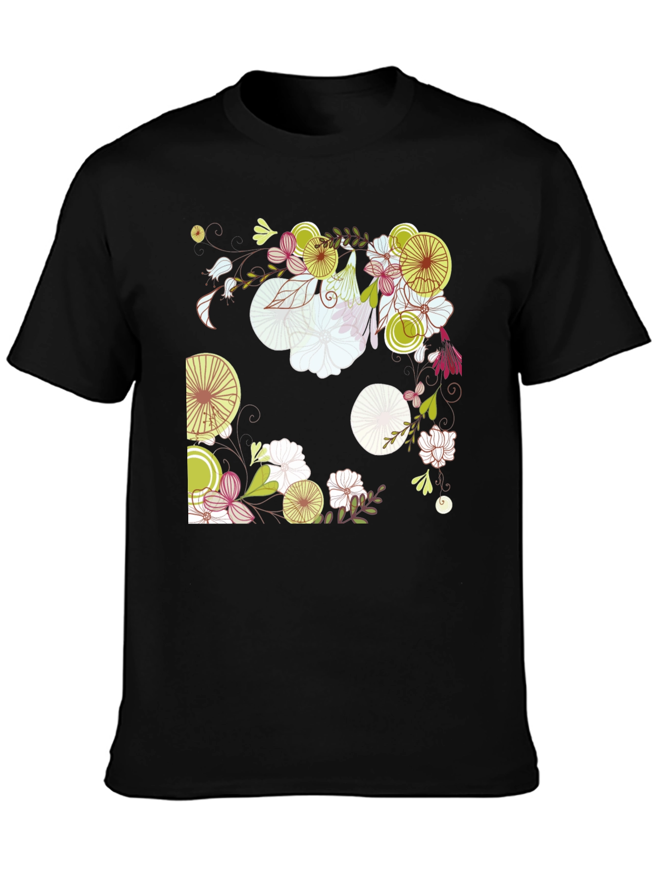 Floral Print Black Cotton T-Shirt
