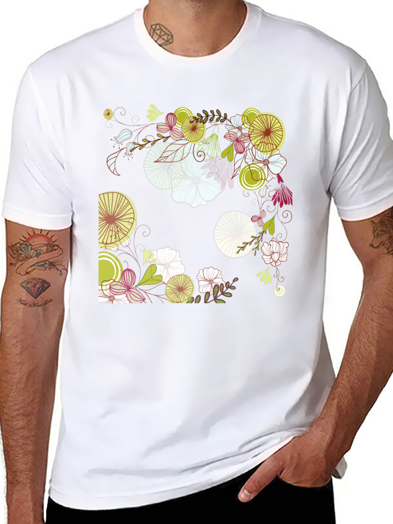 Floral Print Black Cotton T-Shirt