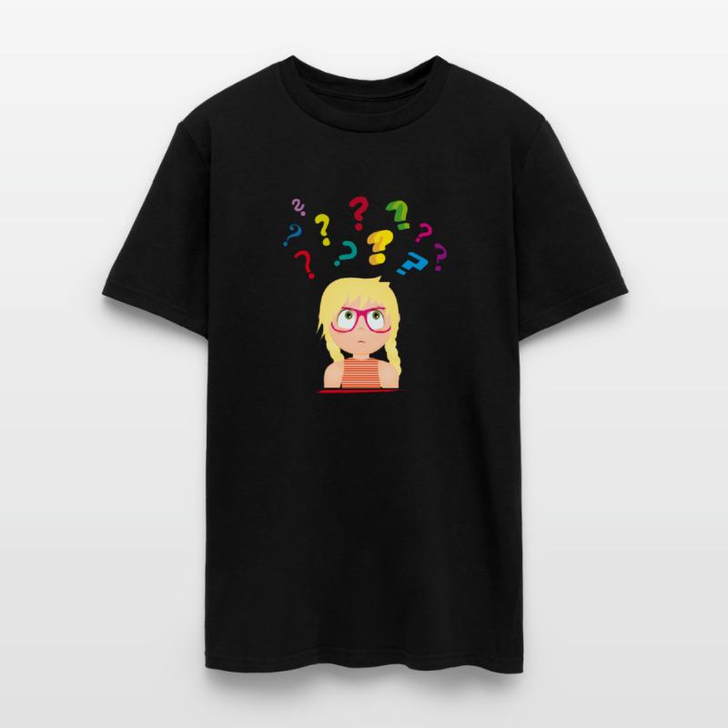 Girl with glasses with many colorful question mark