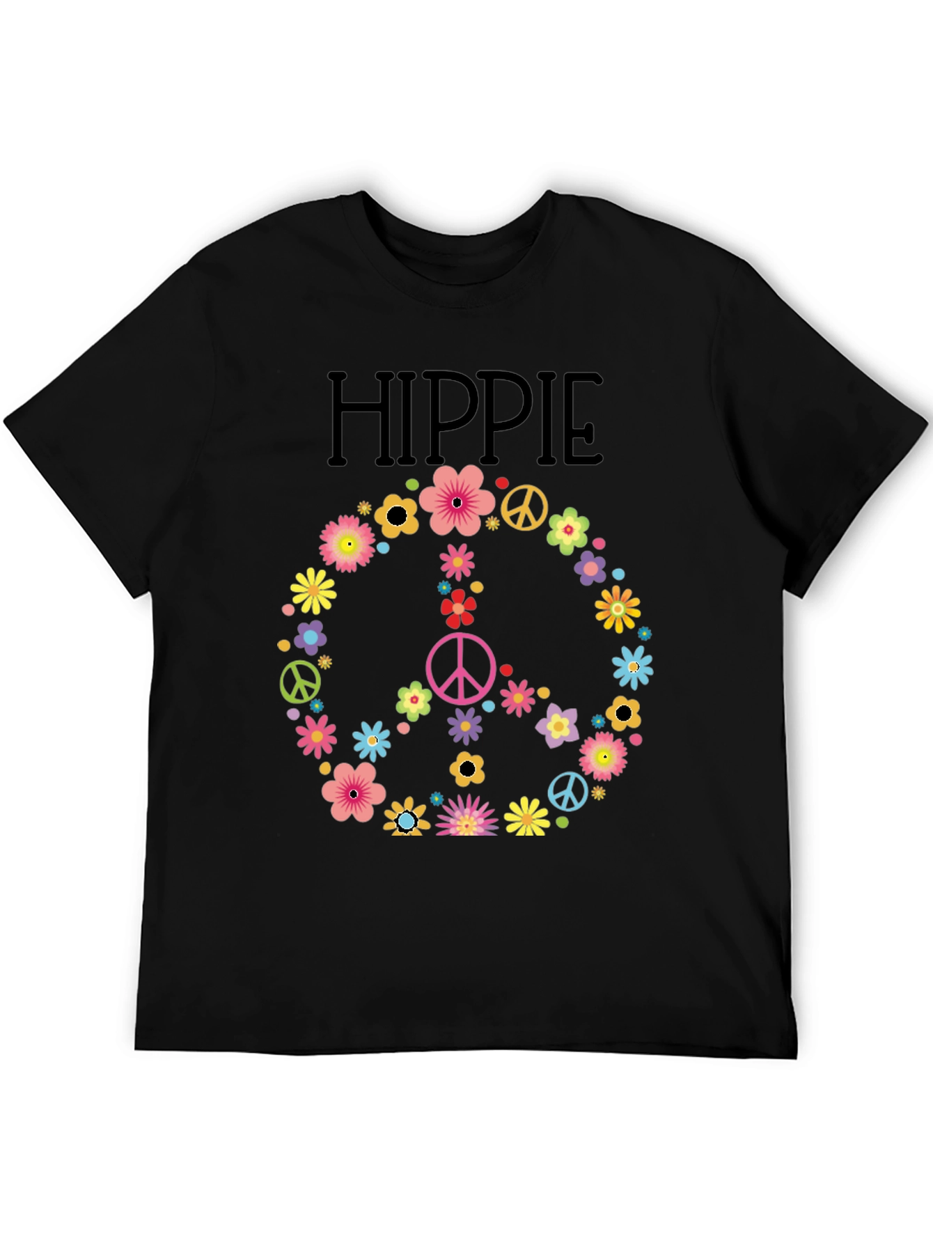 Hippie Peace Sign Floral T-Shirt - Black