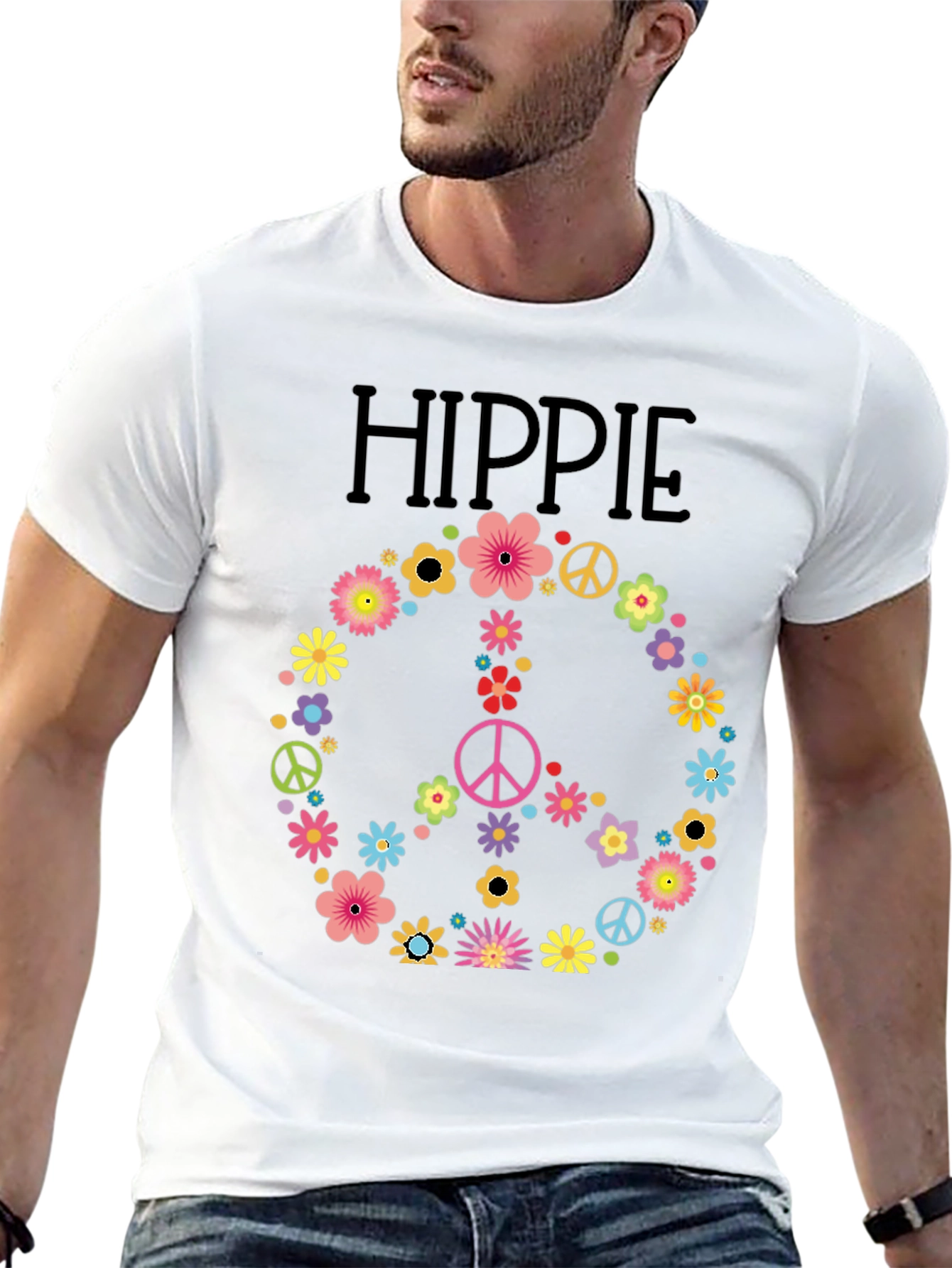 Hippie Peace Sign Floral T-Shirt - Black