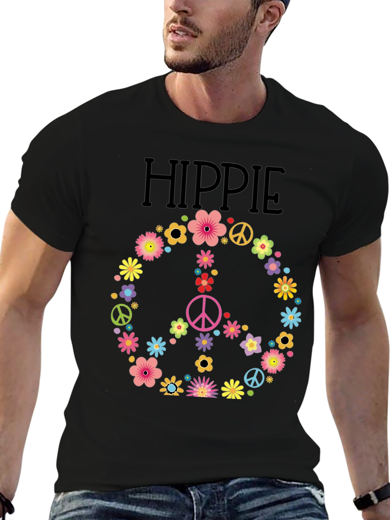 Hippie Peace Sign Floral T-Shirt - Black