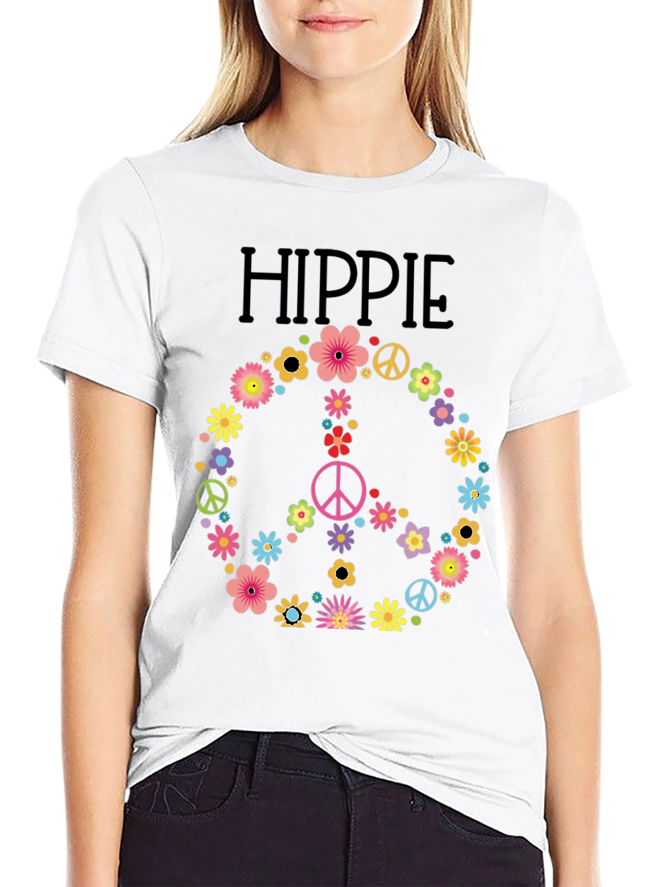 Hippie Peace Sign Floral T-Shirt - Black