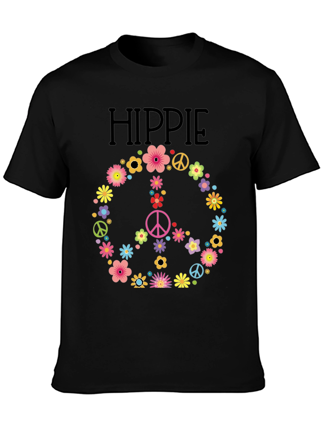 Hippie Peace Sign Floral T-Shirt - Black