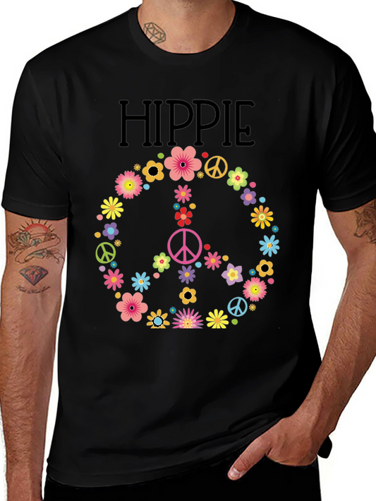 Hippie Peace Sign Floral T-Shirt - Black