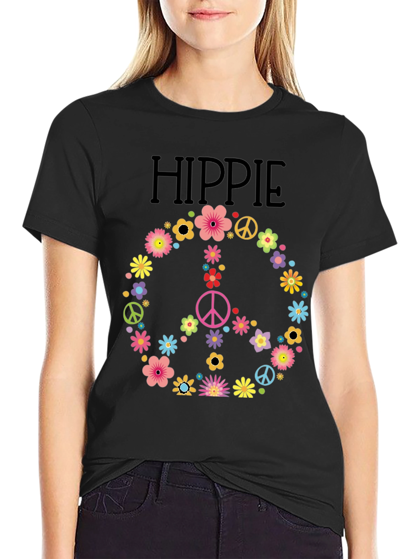 Hippie Peace Sign Floral T-Shirt - Black
