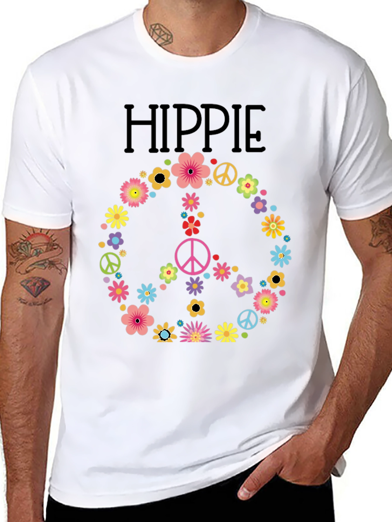 Hippie Peace Sign Floral T-Shirt - Black
