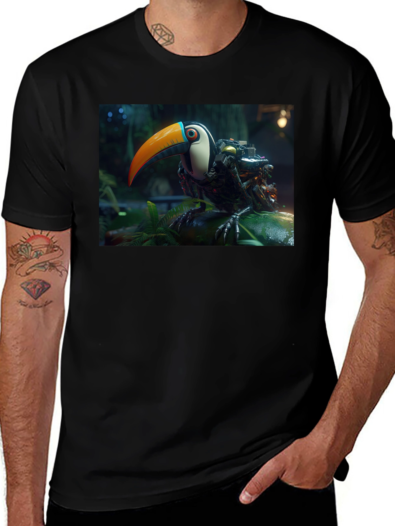 Robotic Toucan Graphic Tee - Black Cotton Blend