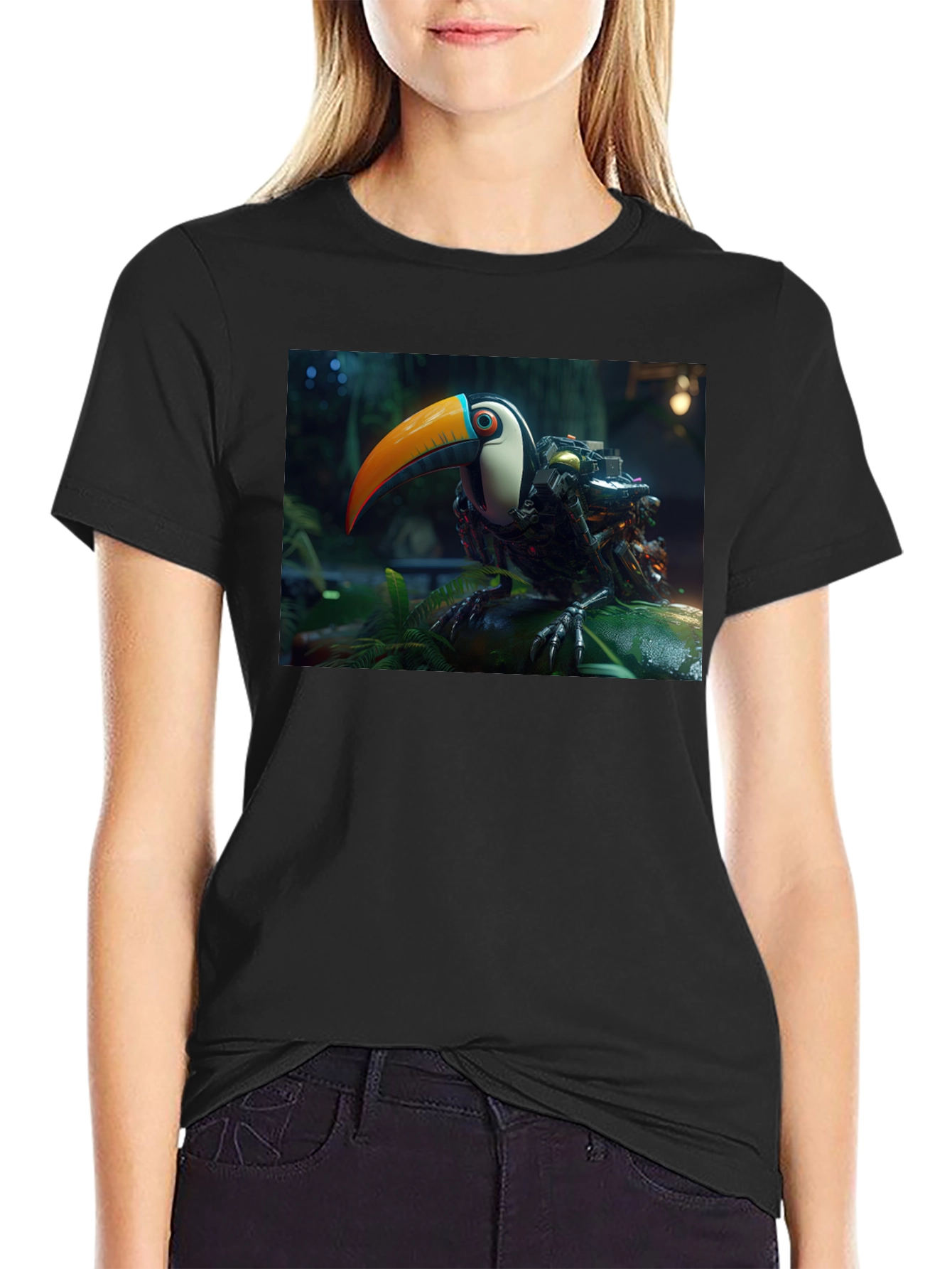 Robotic Toucan Graphic Tee - Black Cotton Blend