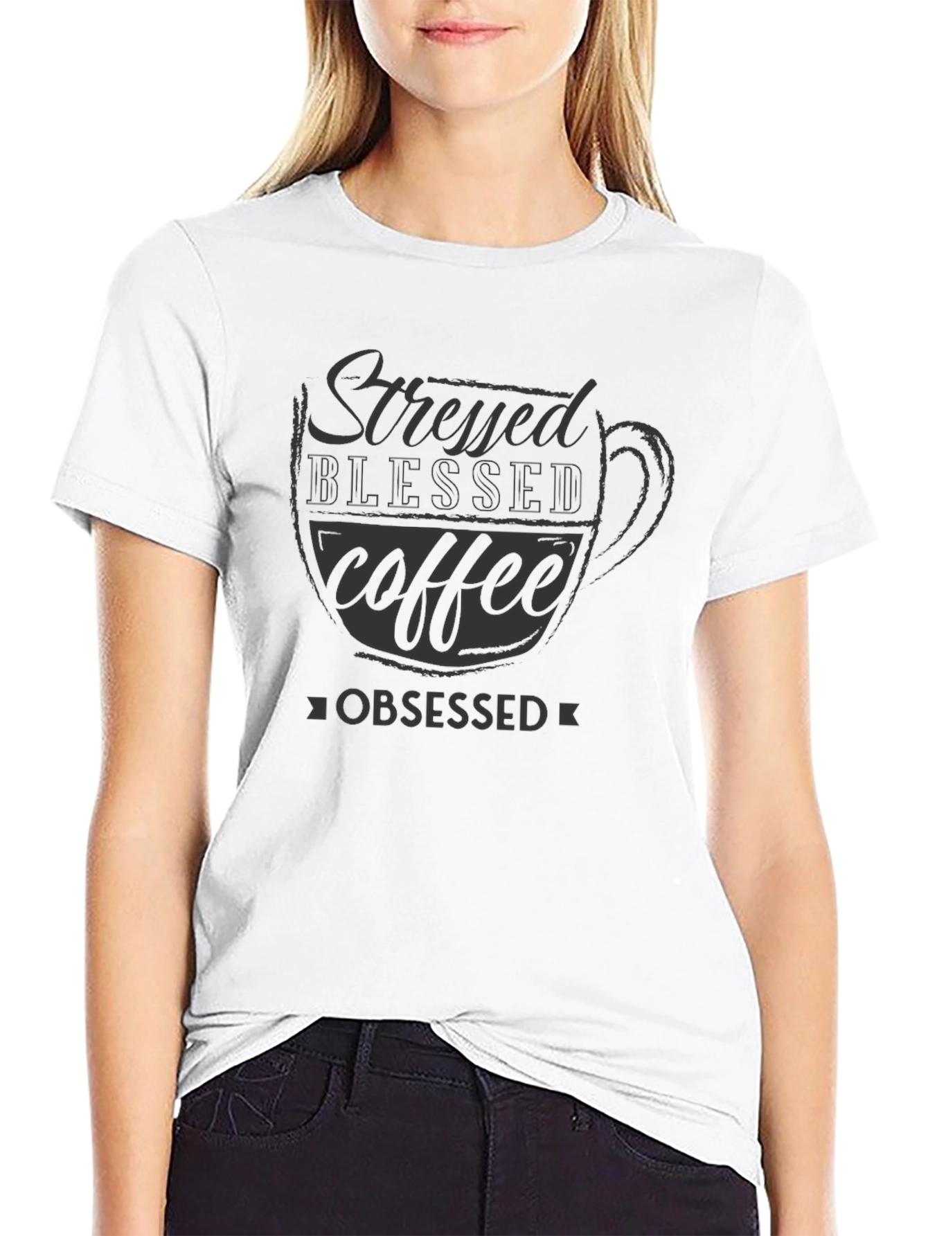 Stressed Blessed Coffee Obsessed Black T-Shirt