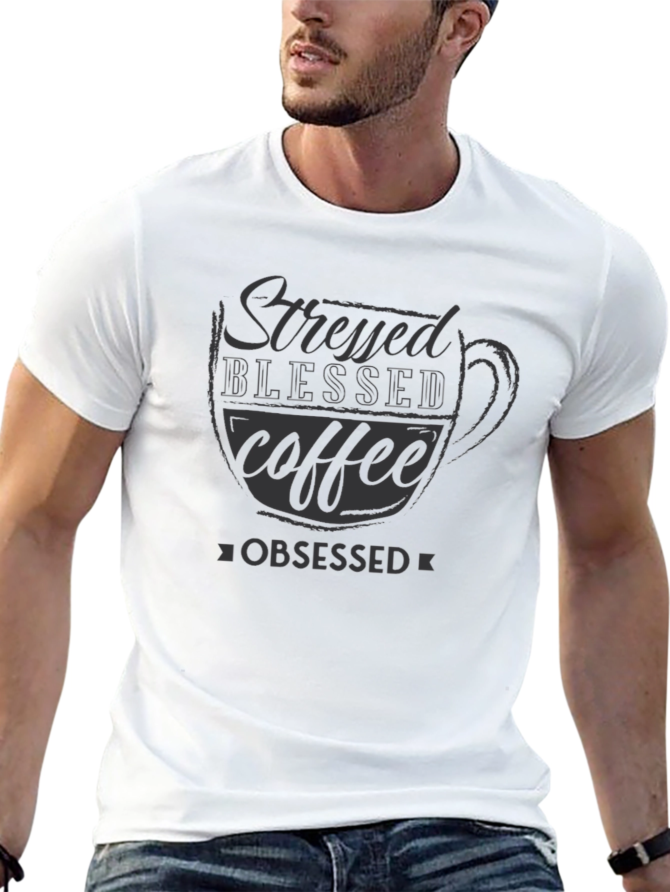 Stressed Blessed Coffee Obsessed Black T-Shirt