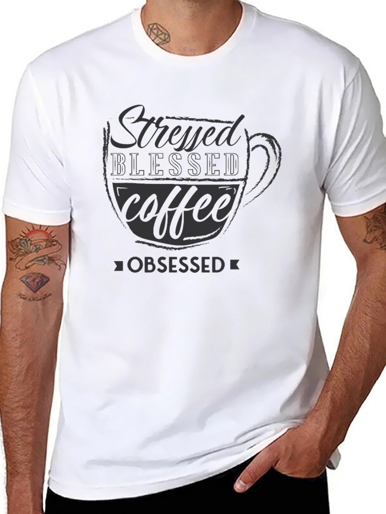 Stressed Blessed Coffee Obsessed Black T-Shirt
