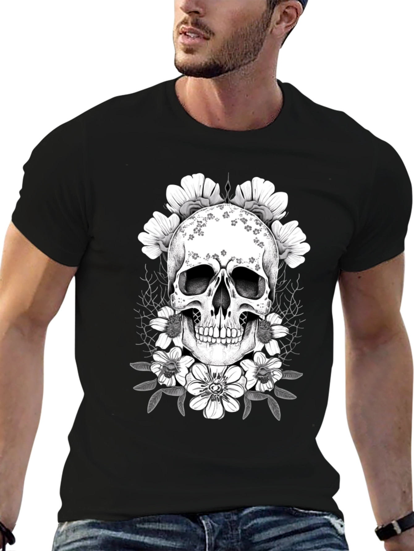 Floral Skull Graphic T-Shirt - Dark Aesthetic Tee