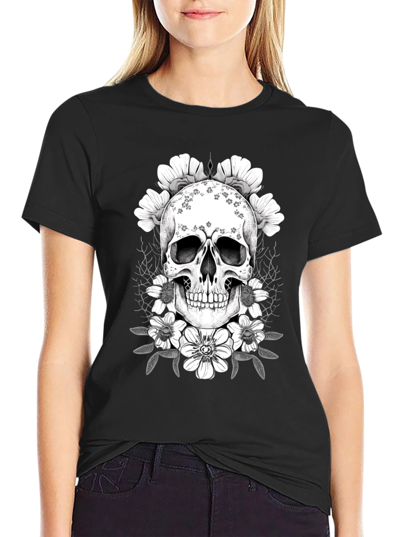 Floral Skull Graphic T-Shirt - Dark Aesthetic Tee