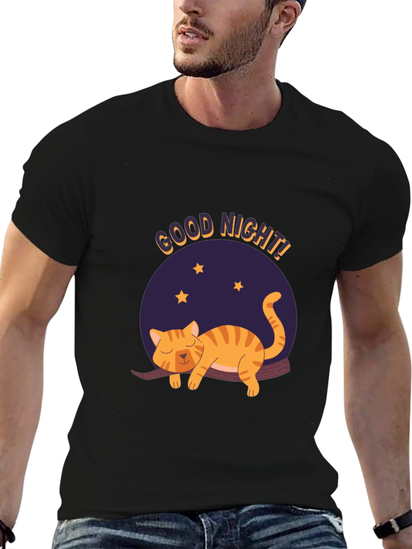 Good Night Cat Graphic T-Shirt - Black