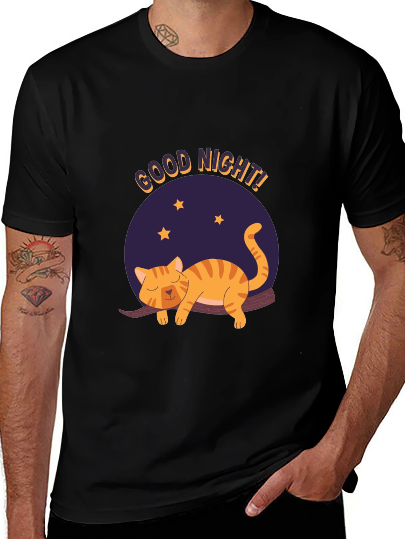 Good Night Cat Graphic T-Shirt - Black