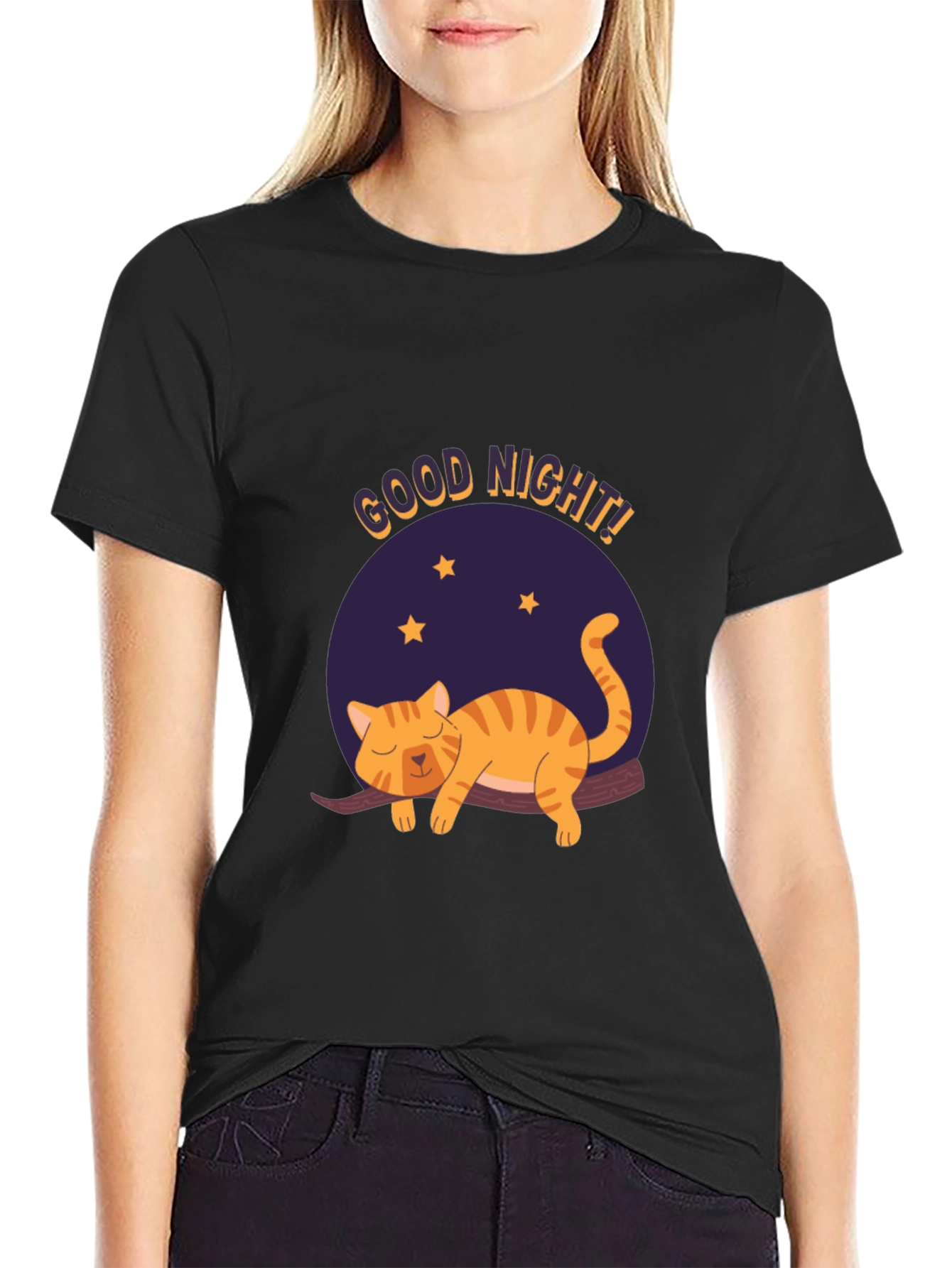 Good Night Cat Graphic T-Shirt - Black