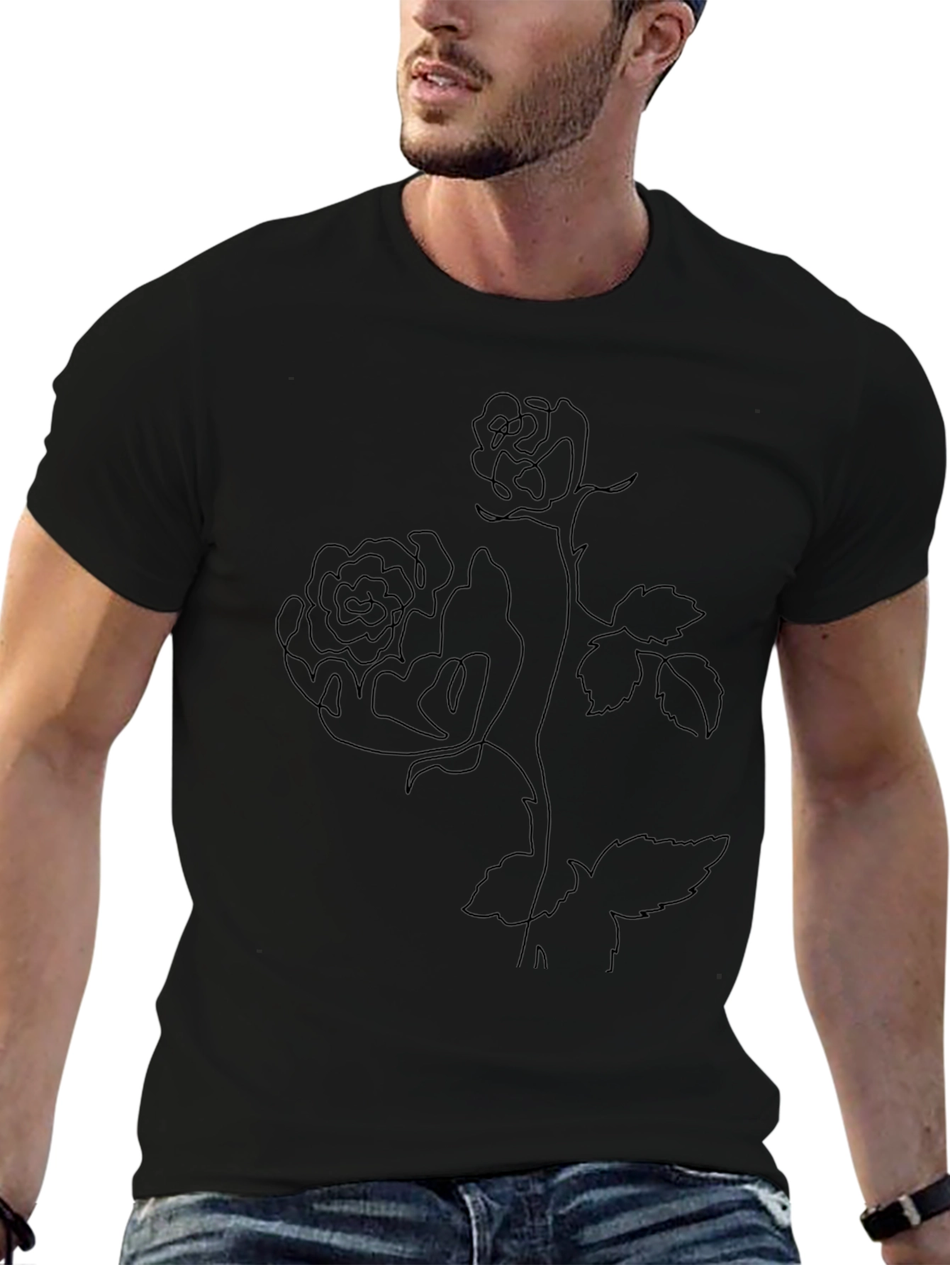 Line Art Rose Black T-Shirt