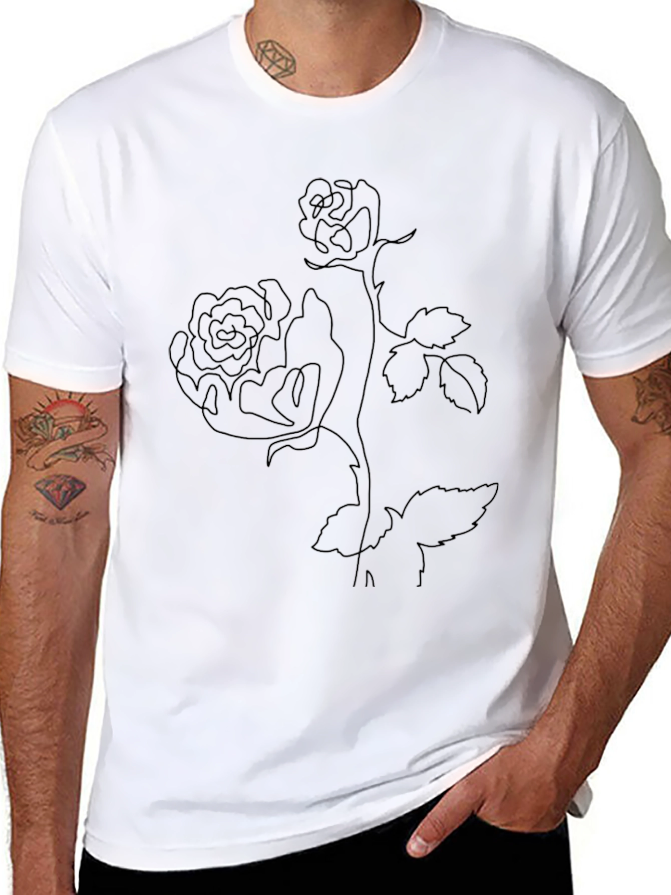 Line Art Rose Black T-Shirt