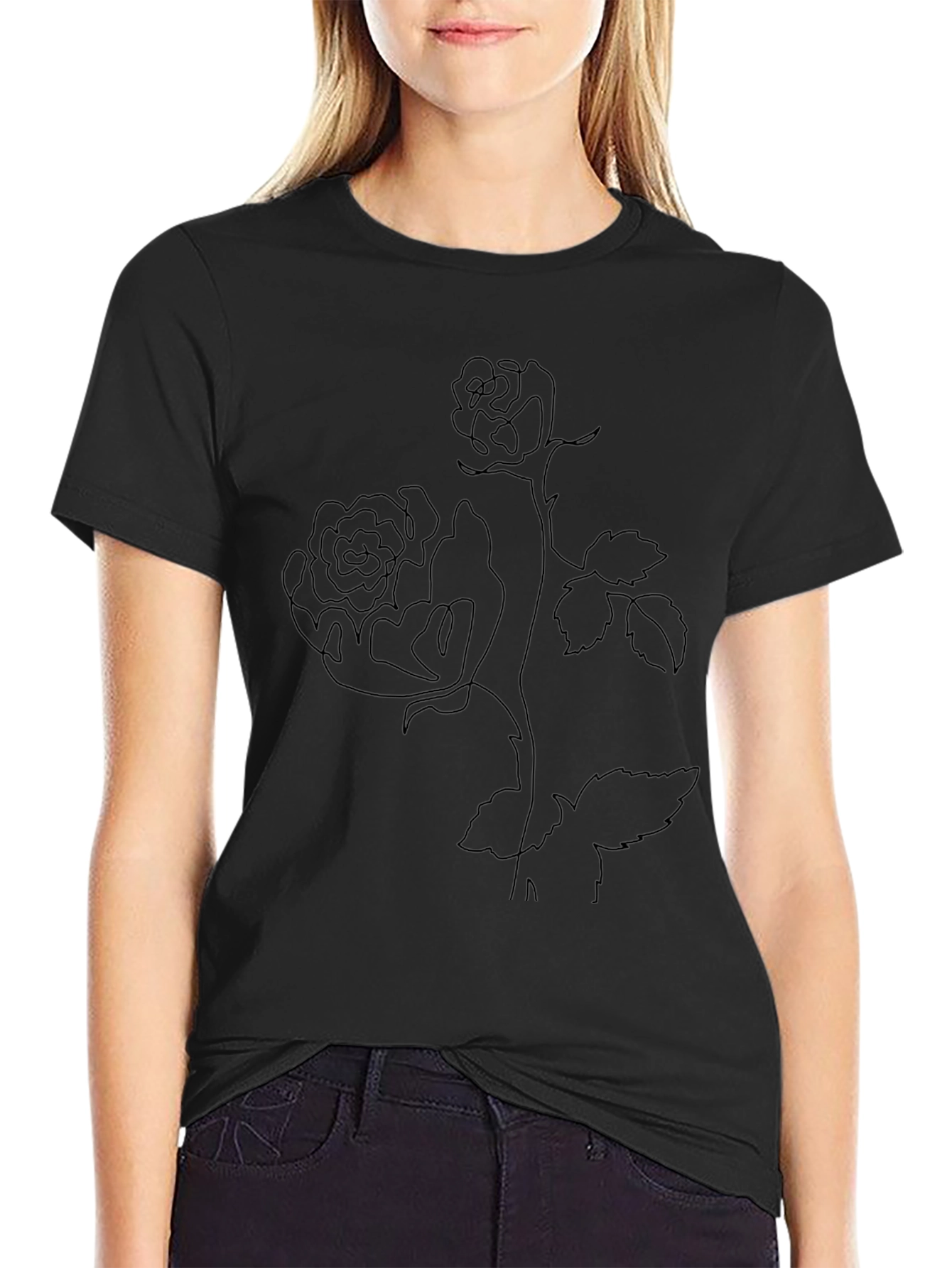 Line Art Rose Black T-Shirt