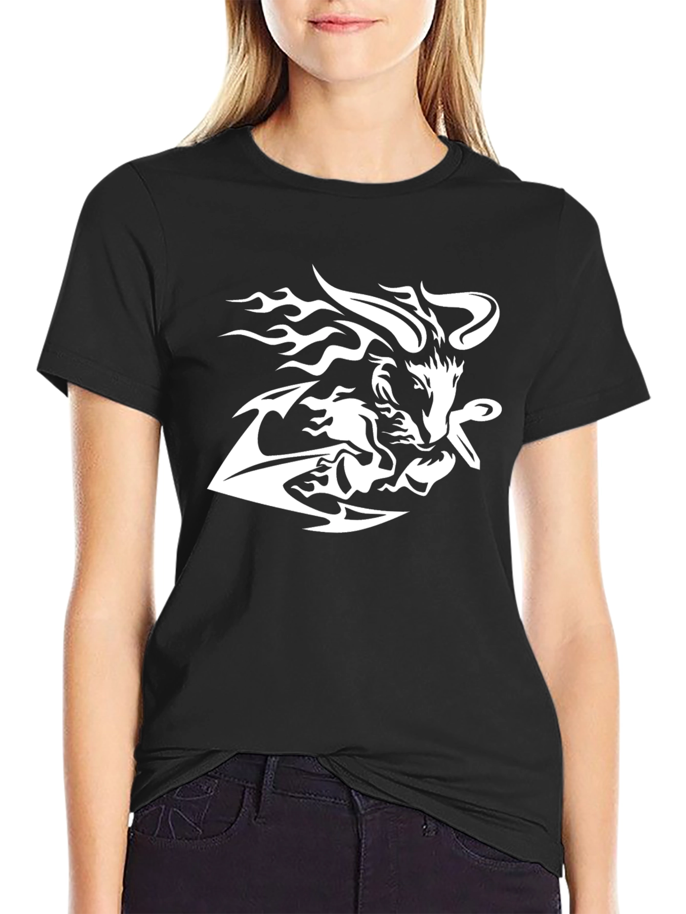 Black Tee with White Tribal Wolf Design