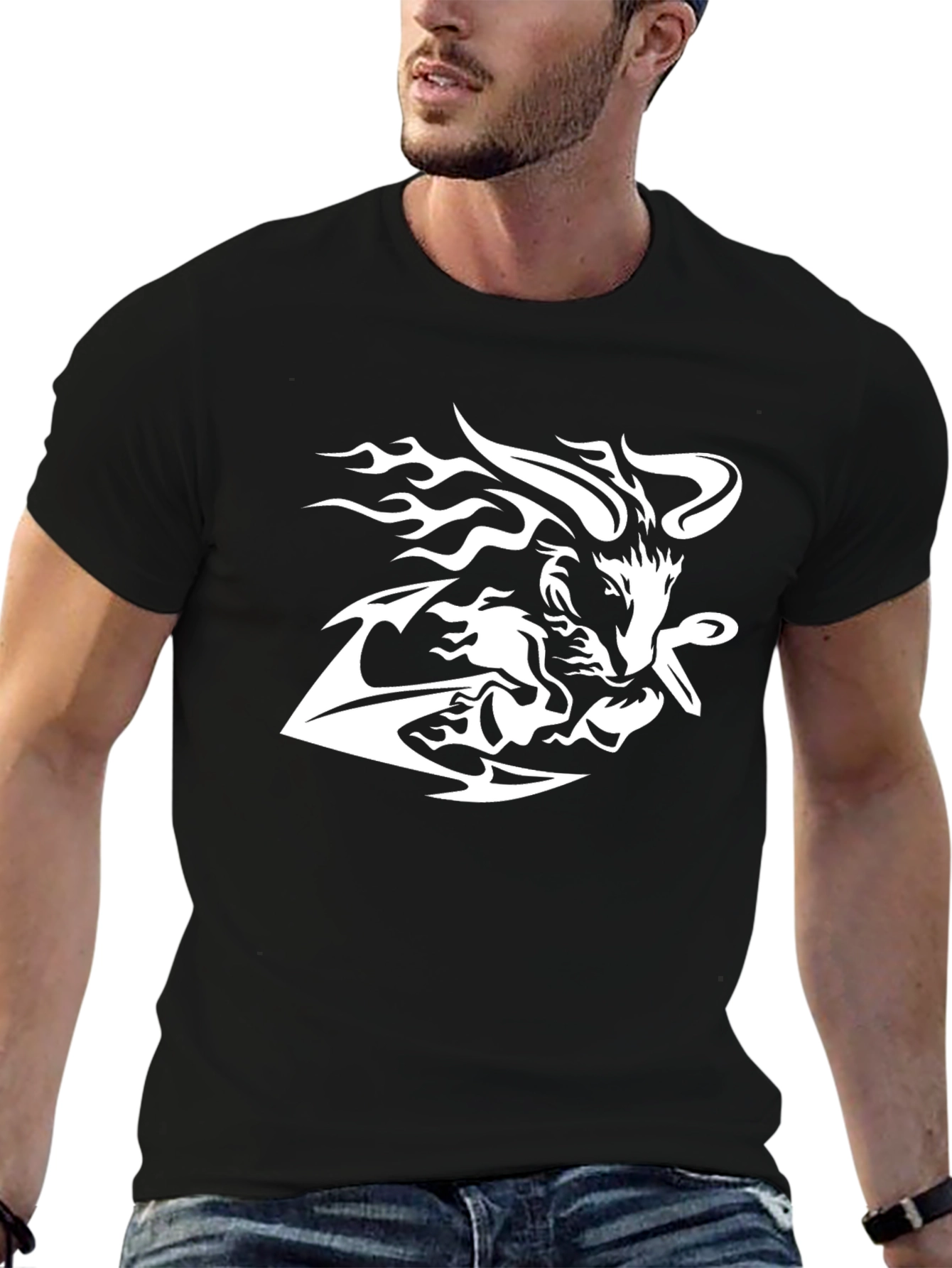 Black Tee with White Tribal Wolf Design