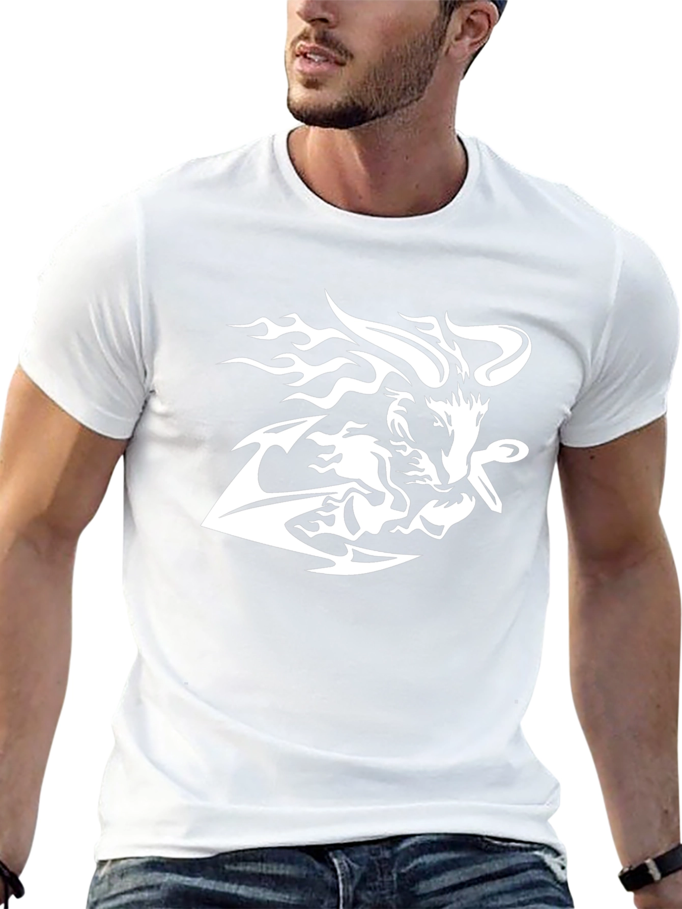 Black Tee with White Tribal Wolf Design